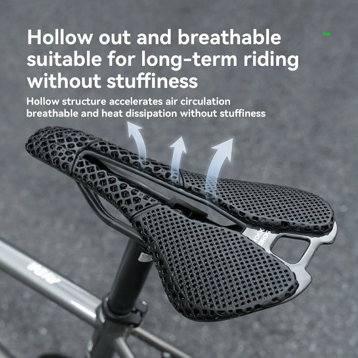Bicycle saddle with text highlighting its design features on a blurred background