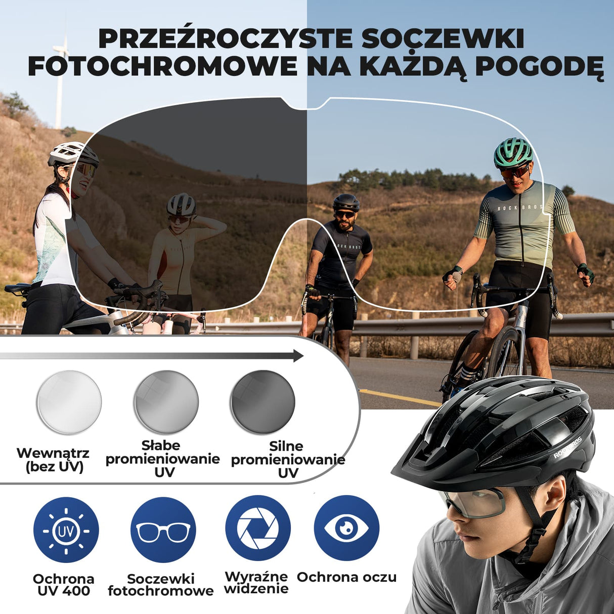 ROCKBROS Kask Rowerowy z Okularami Fotochromowymi i Światłem Tylnym -ZK-013L Kaski