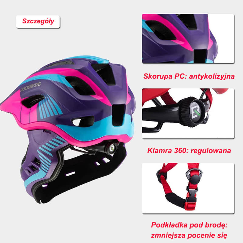 ROCKBROS Kaski Rowerowy dla Dzieci z Odpinaną Osłoną Podbródka -TT-32 Kaski