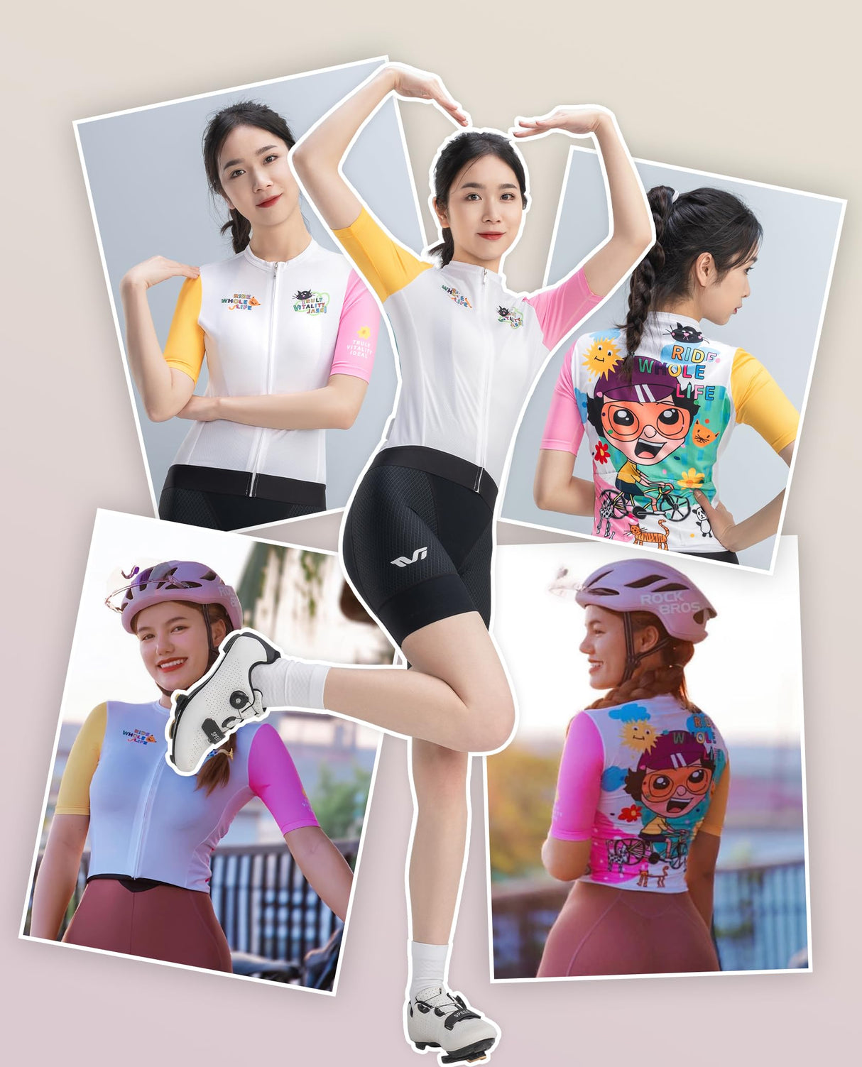 ROCKBROS ROCKBROS TVI Series, Damska Koszulka Kolarska Oddychająca, w Stylu Kreskówkowym, z Krótkim Rękawem, Wygodna Koszulka Kolarska na Rowery Górskie i Szosowe, Biała-XXS Koszulki