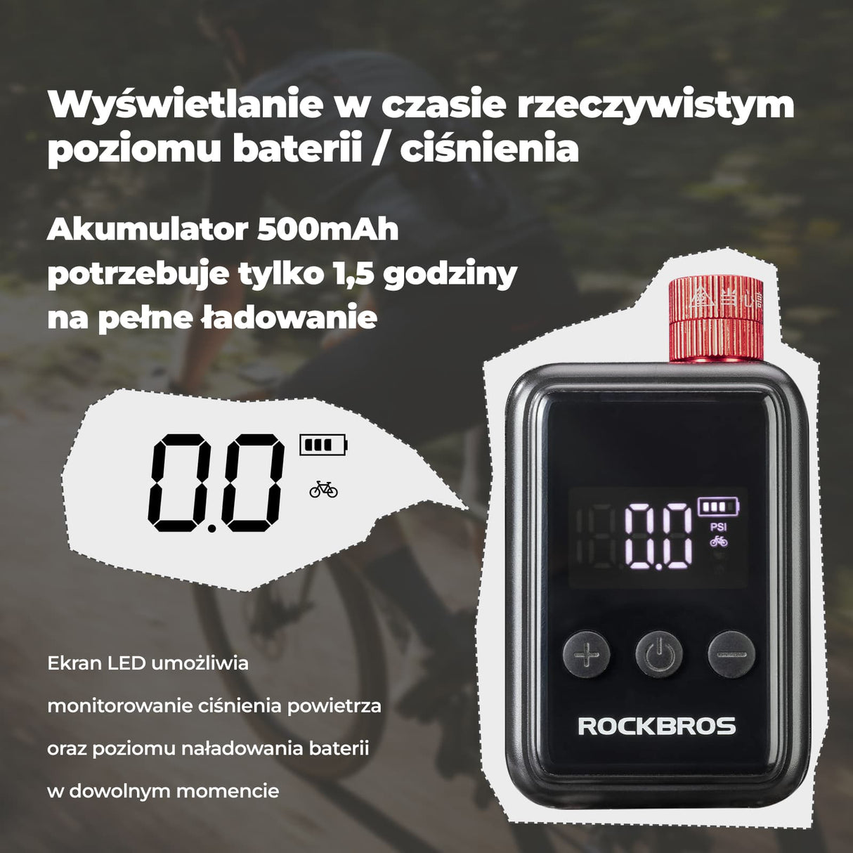 ROCKBROS Mini Elektryczna Pompka Rowerowa Z Wyświetlaczem LED 150 PSI - HW-140 Elektryczne pompki