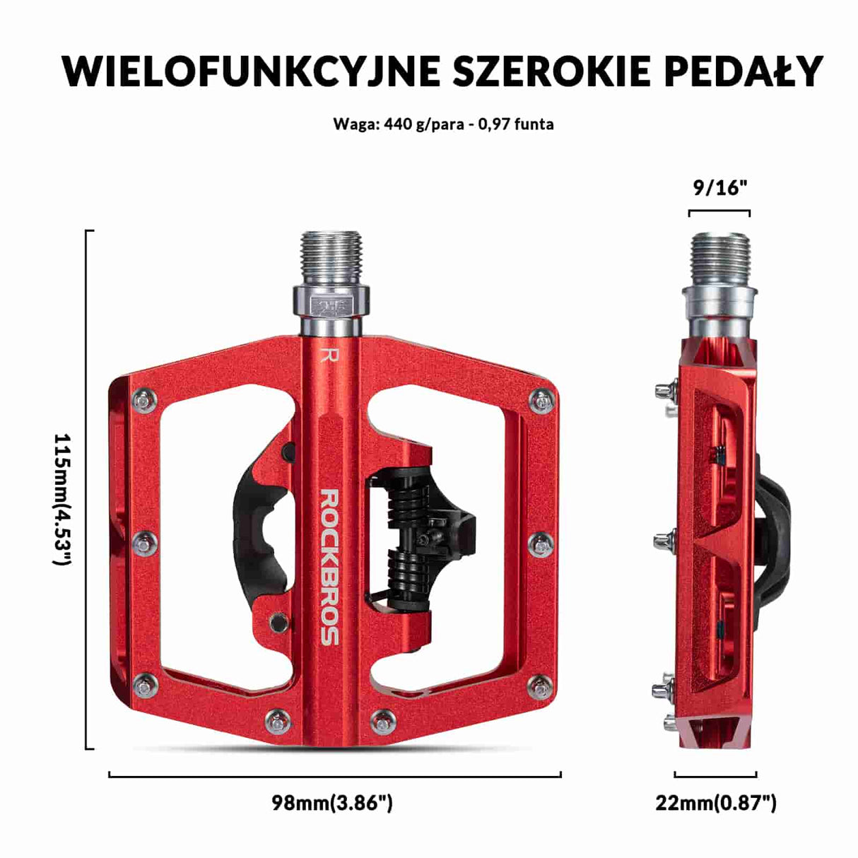 ROCKBROS Pedały Rowerowe Aluminiowe Antypoślizgowe Pedały SPD/Pedały Platformowe 9/16" Pedały rowerowe