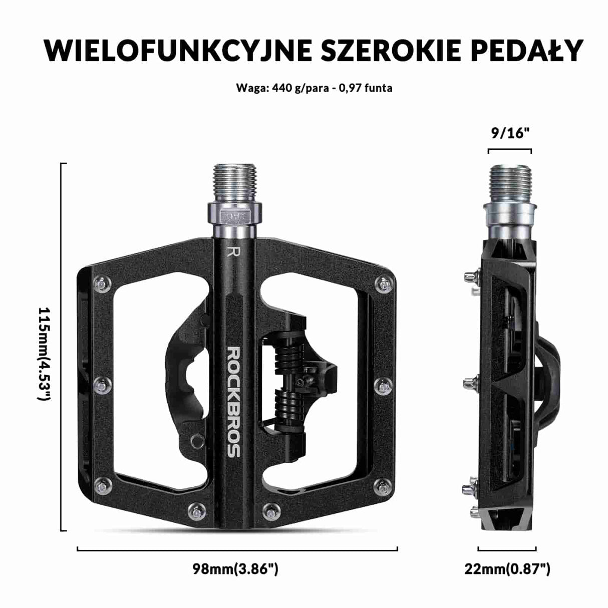 ROCKBROS Pedały Rowerowe Aluminiowe Antypoślizgowe Pedały SPD/Pedały Platformowe 9/16" Pedały rowerowe