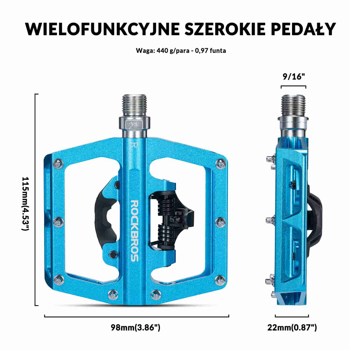 ROCKBROS Pedały Rowerowe Aluminiowe Antypoślizgowe Pedały SPD/Pedały Platformowe 9/16" Pedały rowerowe
