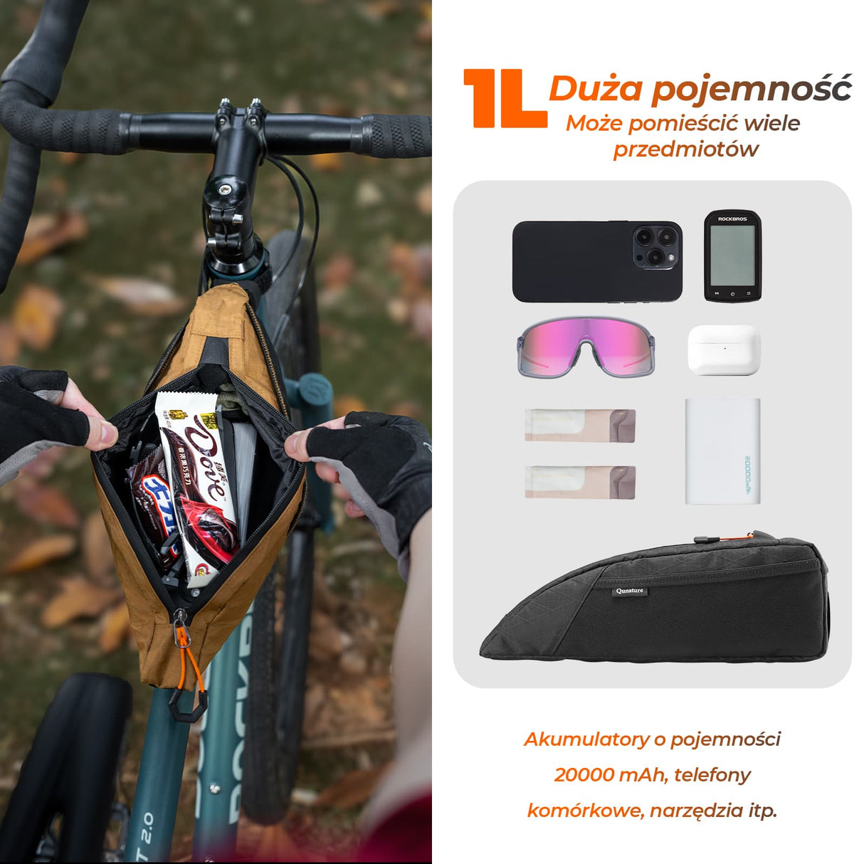 Qunature Qunature Torba na Górną Rurę Ramy – Pojemność 1L do Bikepackingu Torby na ramę