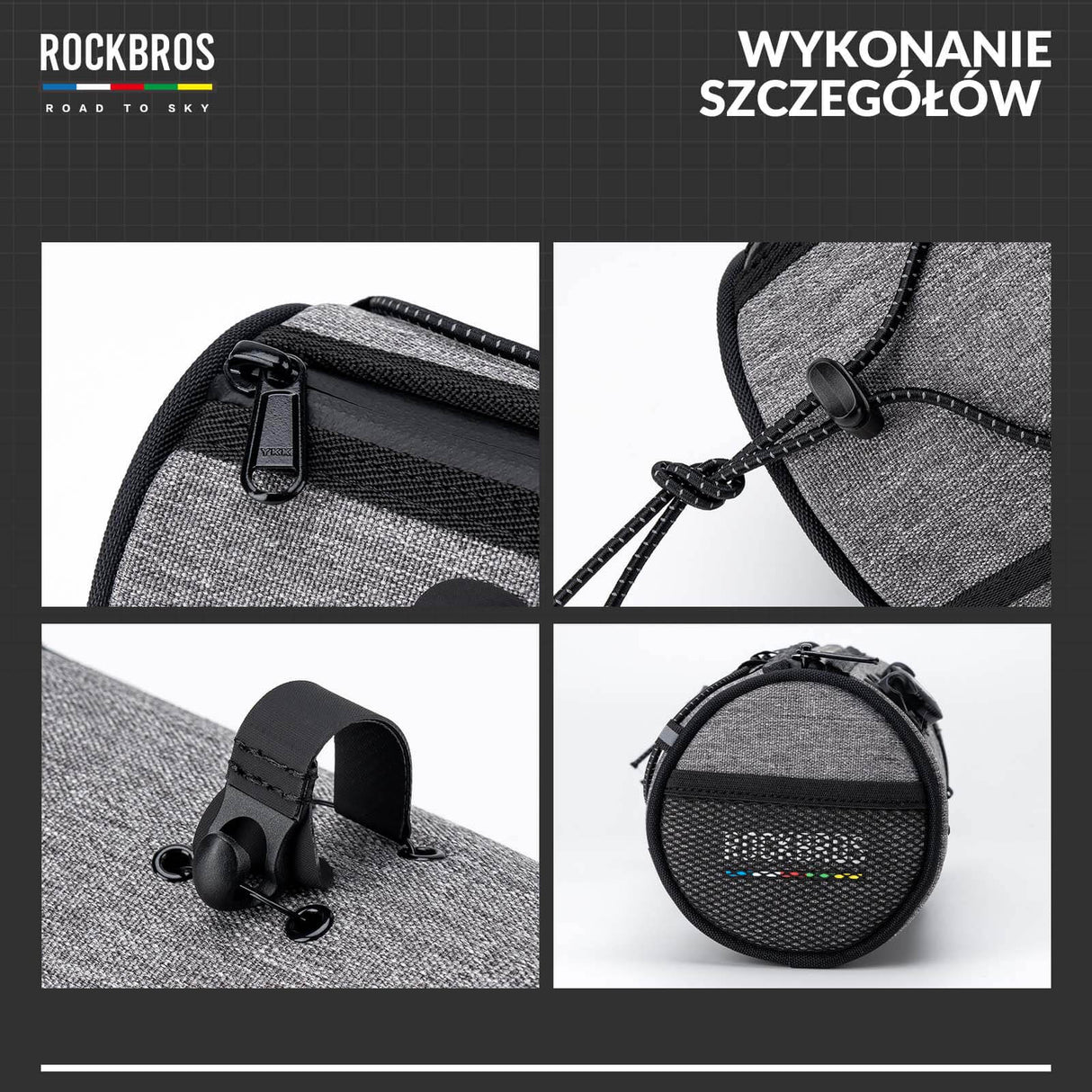 ROAD TO SKY Torby na Kierownicę Rowerową Wodoodporna Odblaskowa Stabilna 1,5L-Szary