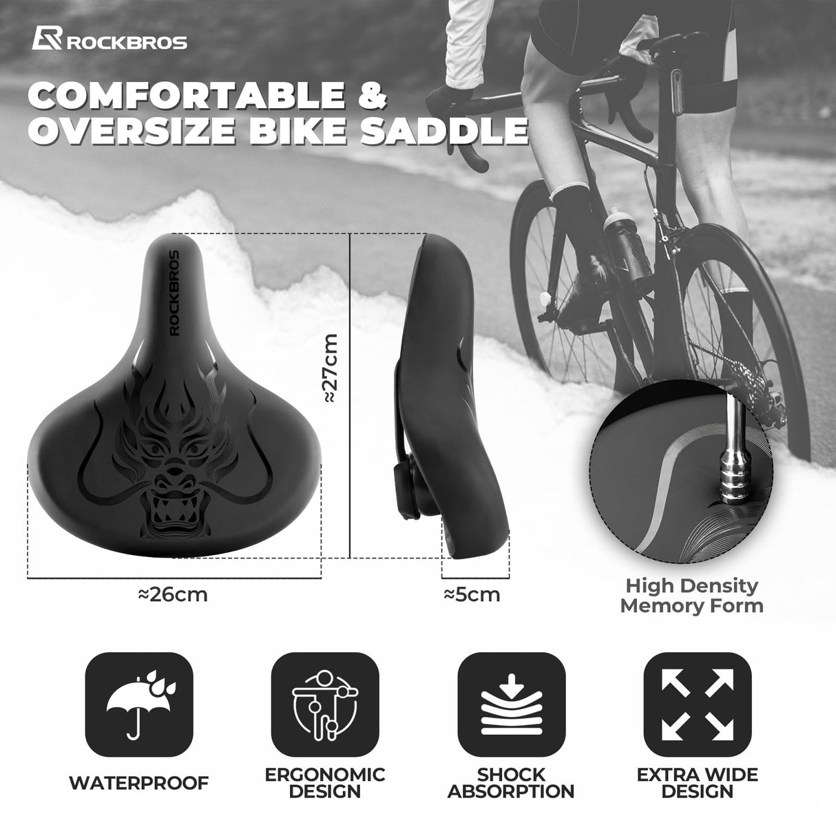 ROCKBROS ROCKBROS Duże, wygodne, ergonomiczne siodełko rowerowe, siodełko rowerowe MTB szosowe dla mężczyzn i kobiet, amortyzująca i wodoodporna poduszka, 27x26cm Siodełka rowerowe