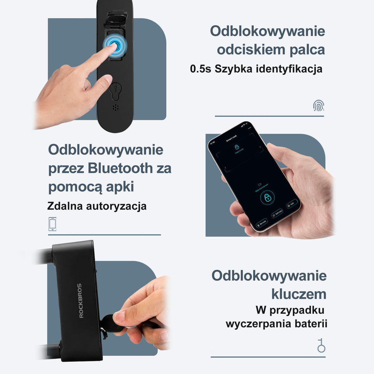 ROCKBROS Blokada Na Odcisk Palca Wodoodporna, Bluetooth z Kluczem Awaryjnym-818 Zapięcia