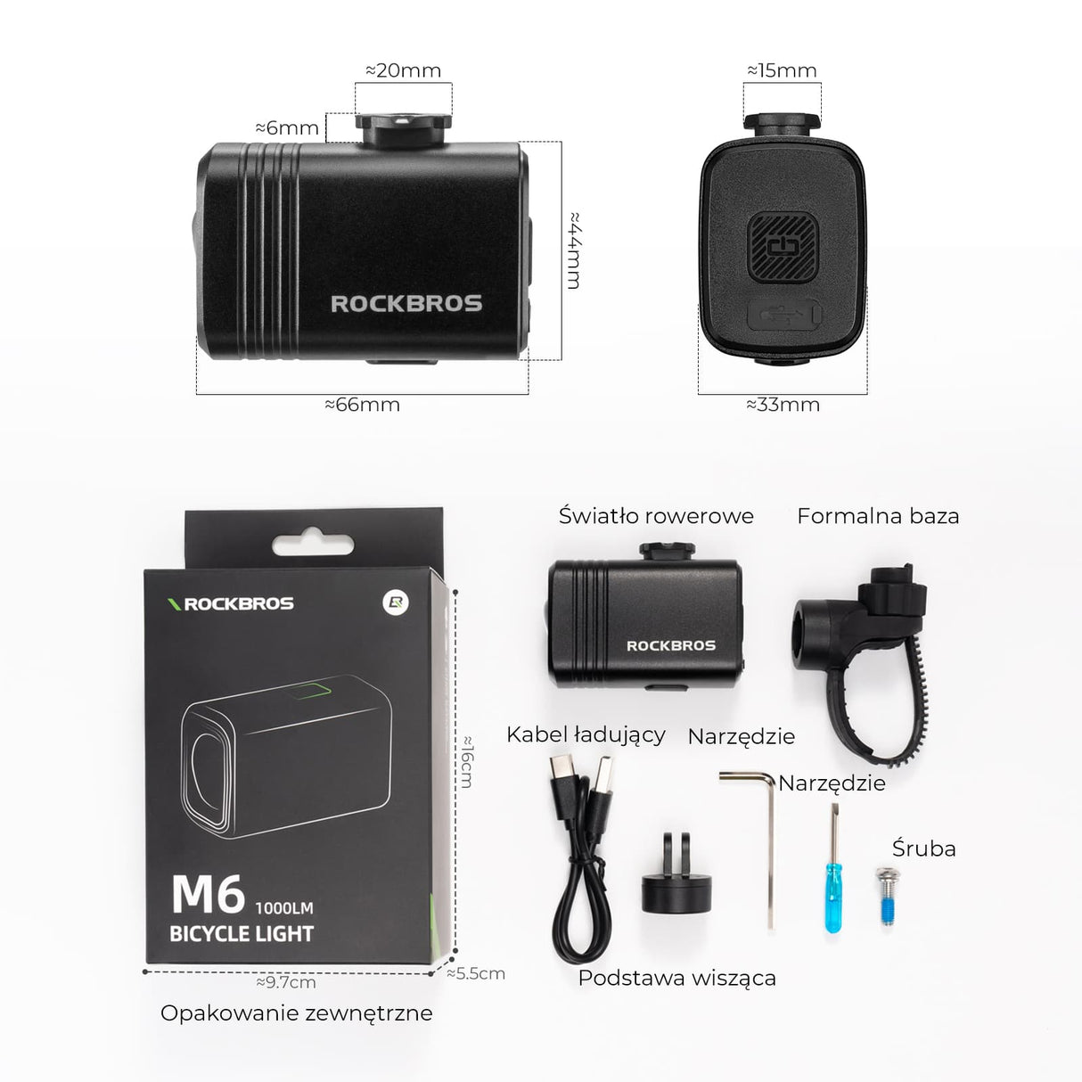 ROCKBROS Przednie Światło Rowerowe 1000 lm z Cyfrowym Wyświetlaczem-M6 Światła rowerowe