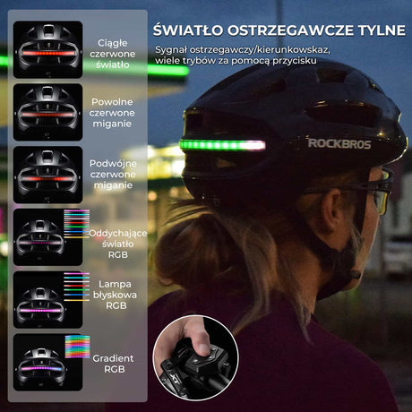 ROCKBROS Inteligentny Lekki Kask Rowerowy Z Tylną Lampką Sterowaną Pilotem, Z Regulowanym Obwodem Głowy