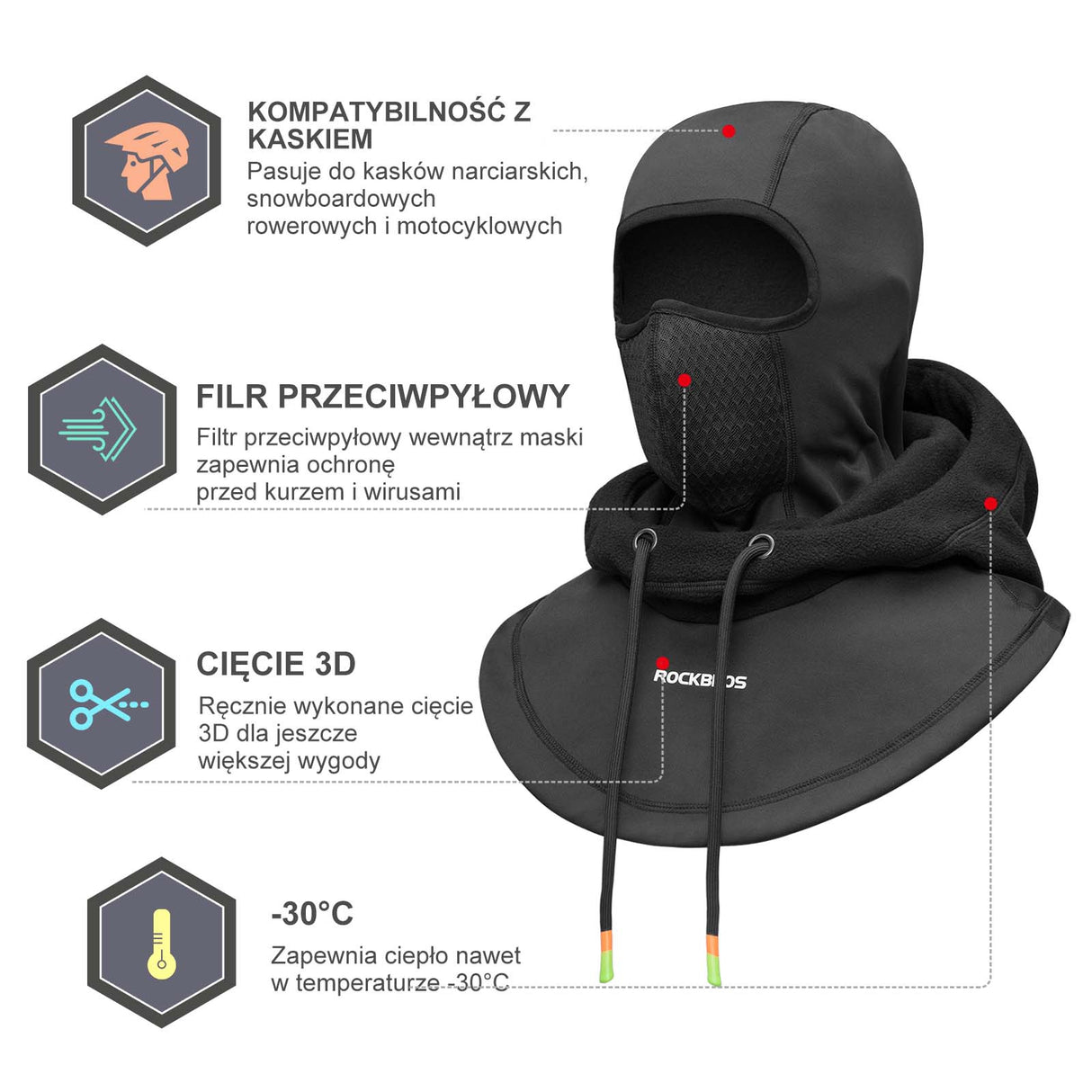 ROCKBROS Zimowa Kominiarka Rowerowa z Kapturem Kominiarki