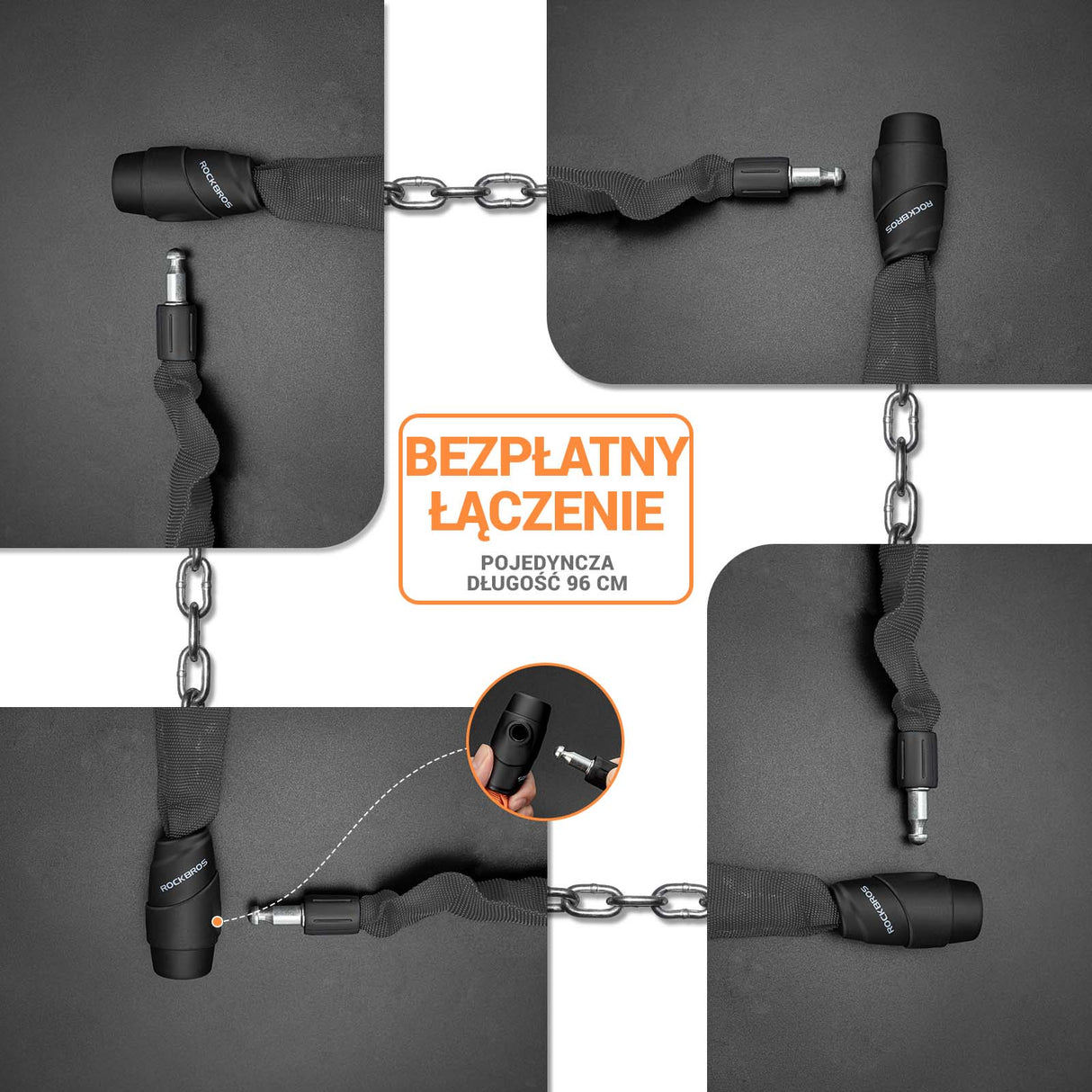 ROCKBROS-PL Łańcuch Antykradzieżowy Zapięcie Rowerowe 95cm Zapięcia