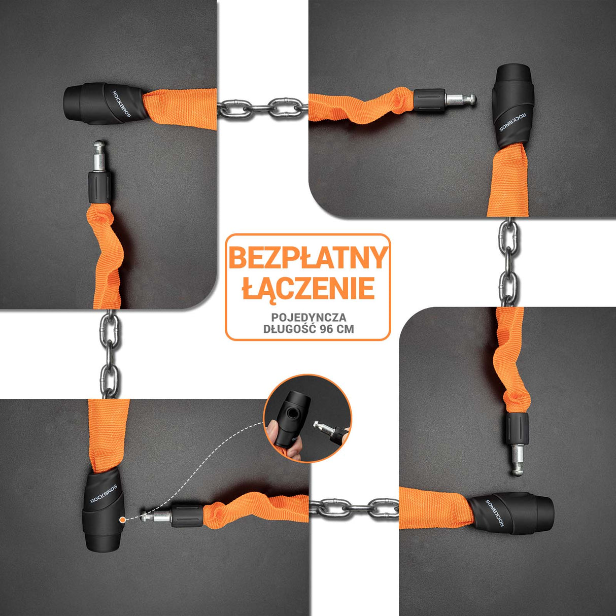 ROCKBROS-PL Łańcuch Antykradzieżowy Zapięcie Rowerowe 95cm Zapięcia