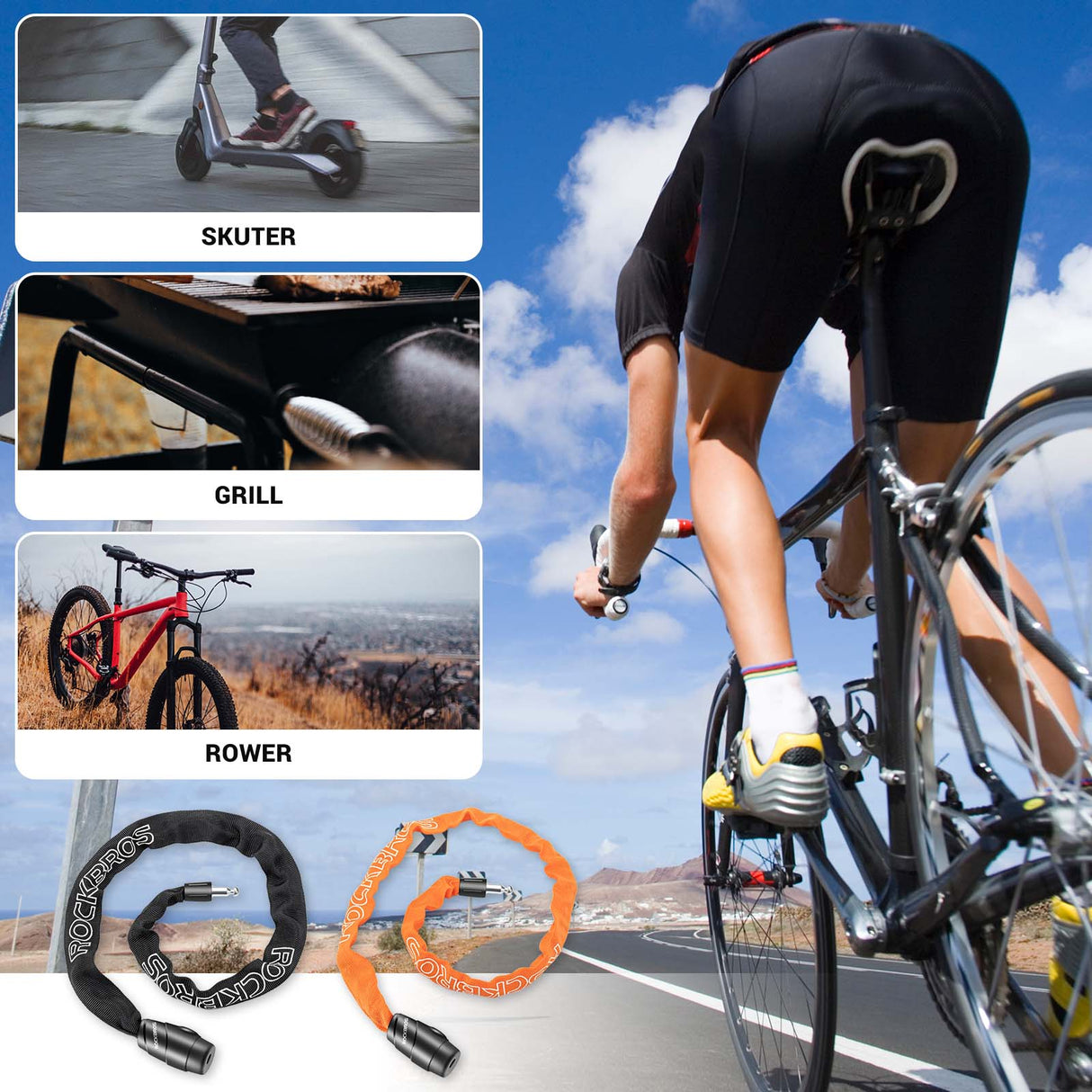 ROCKBROS-PL Łańcuch Antykradzieżowy Zapięcie Rowerowe 95cm Zapięcia