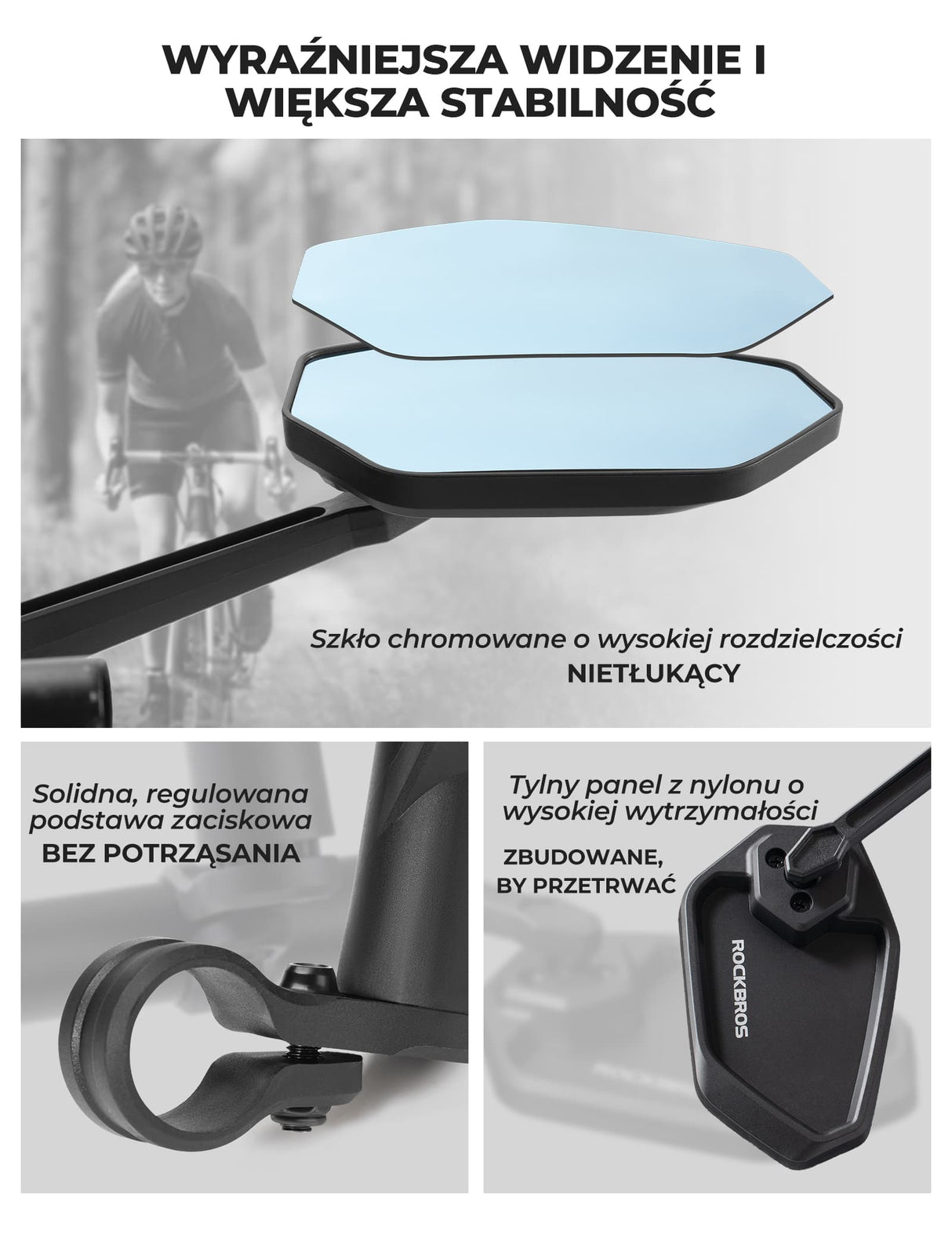 ROCKBROS Lusterko Rowerowe Regulacja 360° i Szkło HD o Wysokiej Rozdzielczości-F-253A Lusterko rowerowe