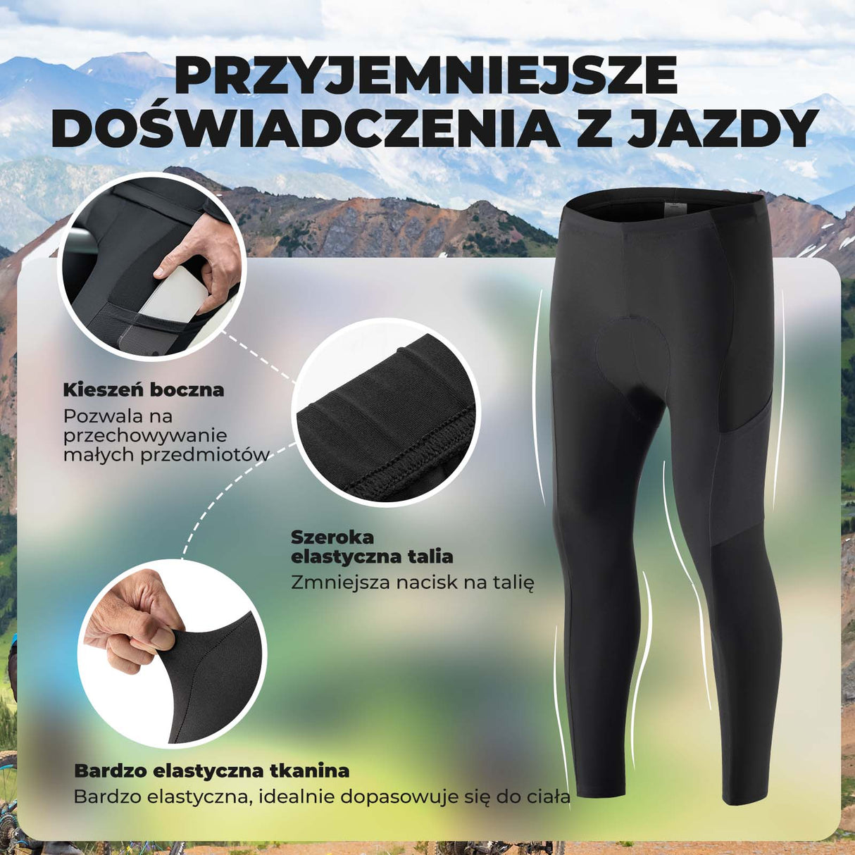 ROCKBROS ROCKBROS Męskie Spodnie Rowerowe Wyściełane Długie Kompresyjne Spodnie z Kieszeniami S-4XL Getry