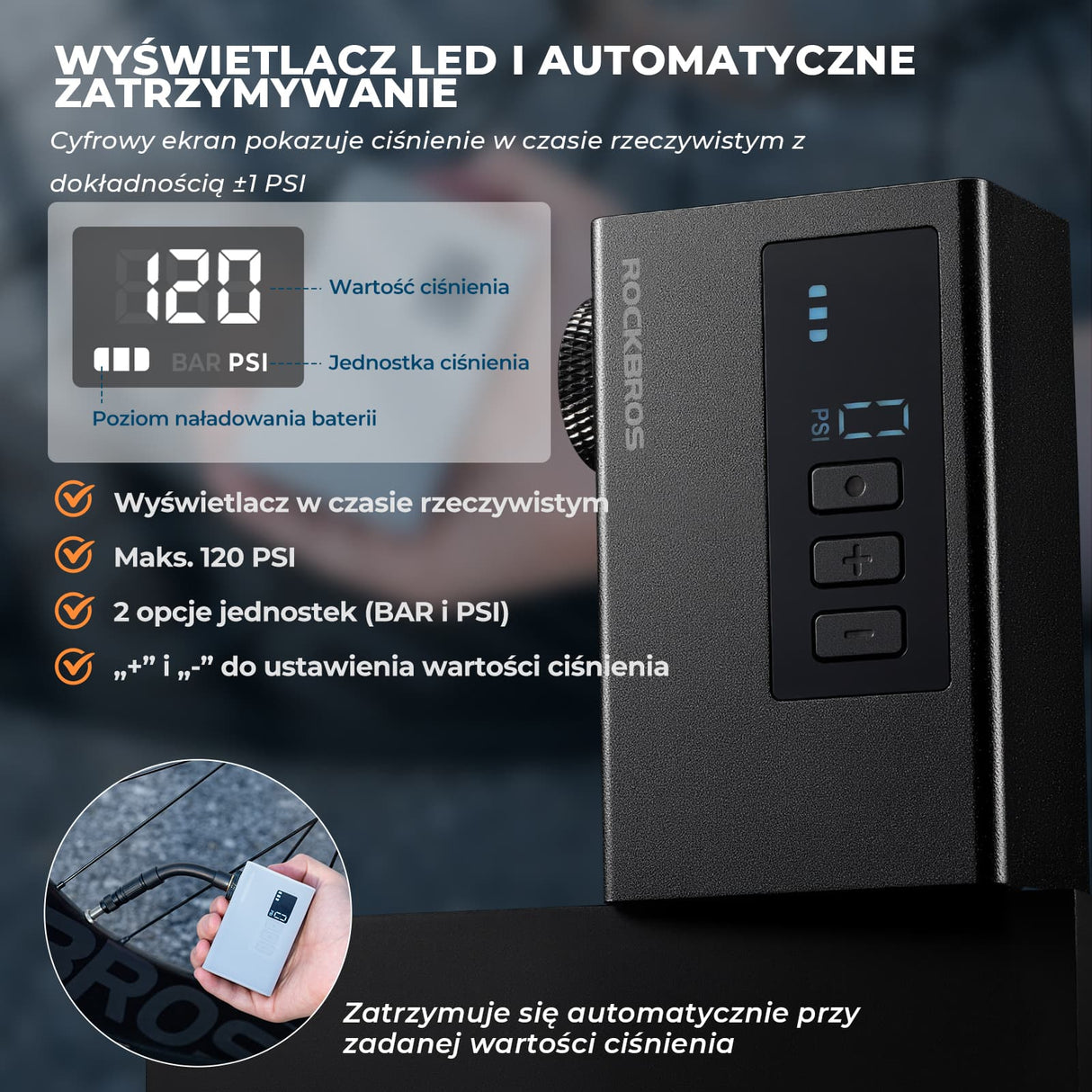 ROCKBROS Mini Elektryczne Pompki Rowerowa z Manometrem Maks. 120 PSI-AS240 PRO Elektryczne pompki