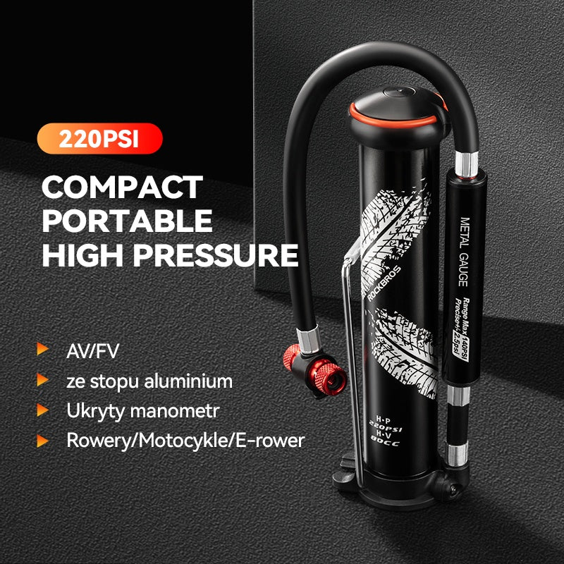 ROCKBROS Mini Pompka Rowerowa 220PSI Wysokociśnieniowa Aluminiowa Podwójna Głowica Pompki-LD-0510 Pompki rowerowe