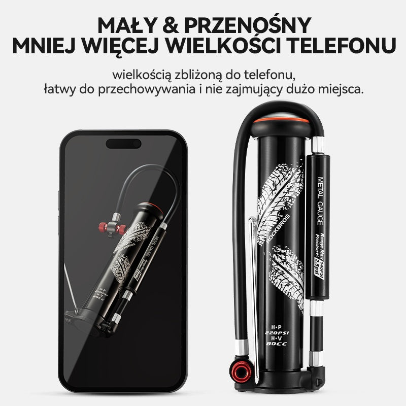 ROCKBROS Mini Pompka Rowerowa 220PSI Wysokociśnieniowa Aluminiowa Podwójna Głowica Pompki-LD-0510 Pompki rowerowe