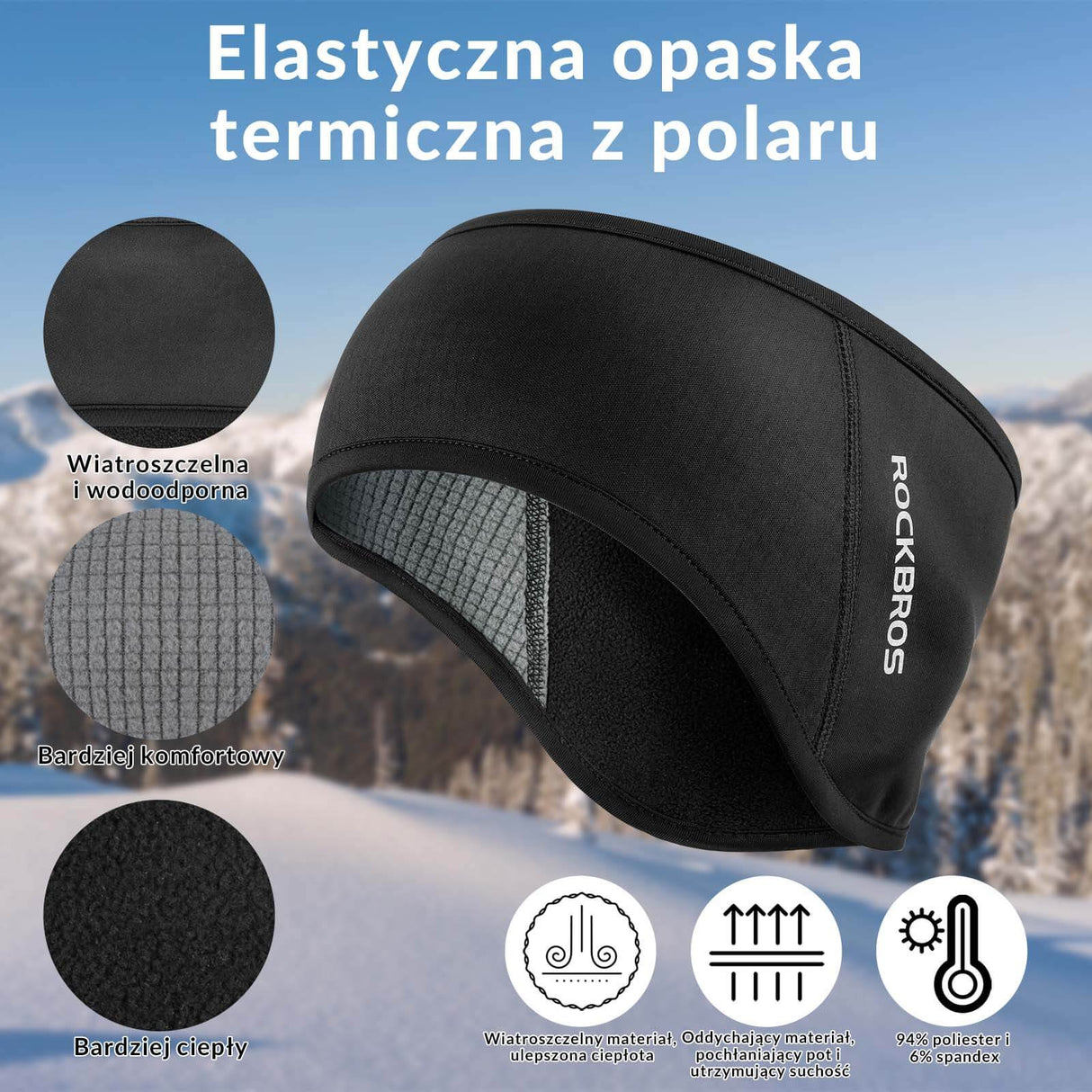 ROCKBROS Ocieplana Opaska na Głowę Sportowa Zimowa Termiczna Męska Damska Opaski