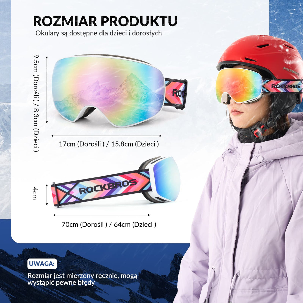 ROCKBROS Okulary Narciarskie Gogle dla Dorosłych i Dzieci, Przeciwmgielne-SP284 Gogle narciarskie