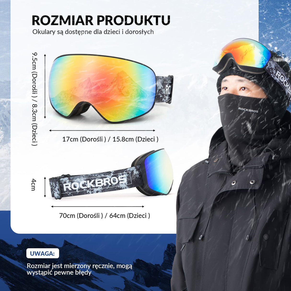 ROCKBROS Okulary Narciarskie Gogle dla Dorosłych i Dzieci, Przeciwmgielne-SP284 Gogle narciarskie