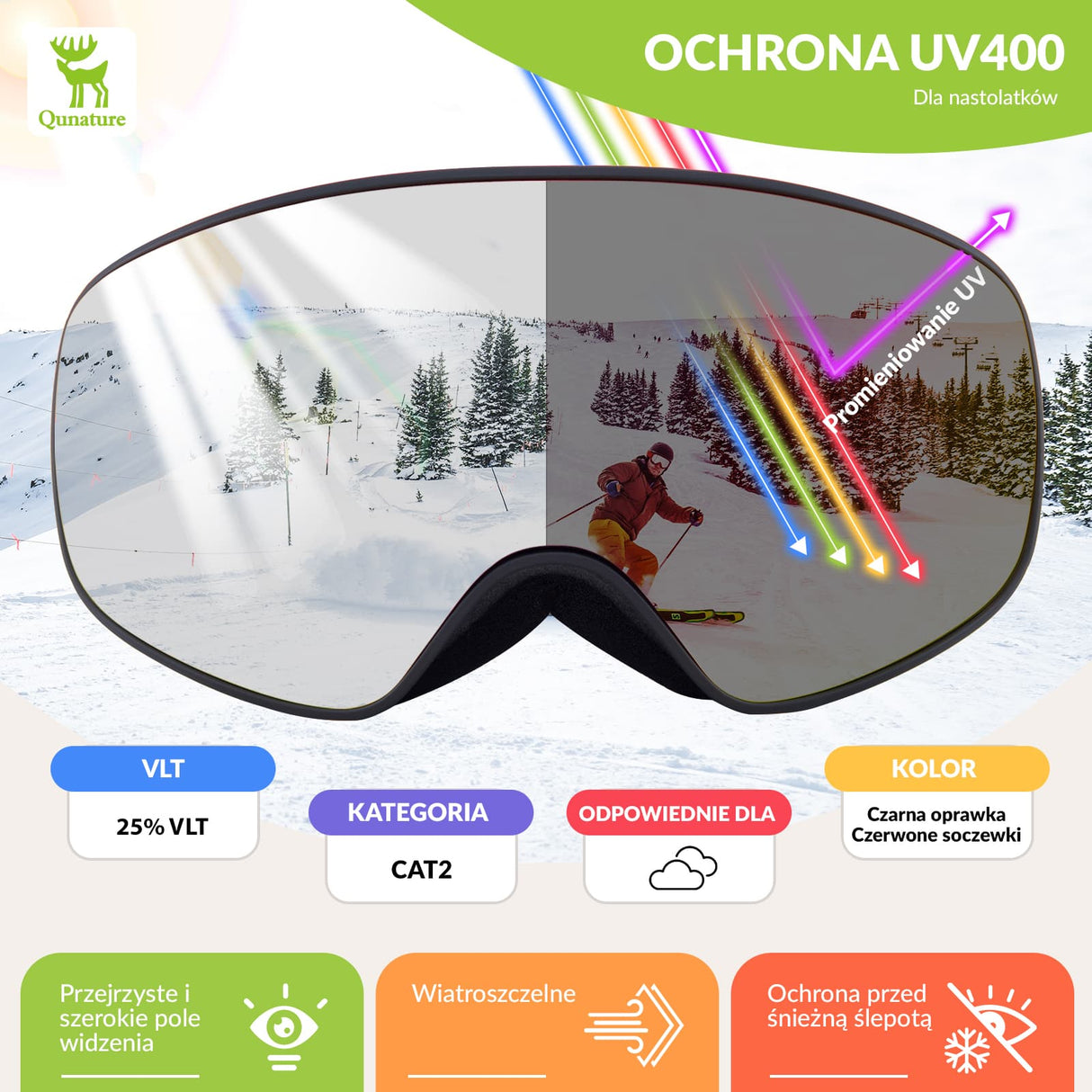 Qunature Qunature Młodzieżowe Gogle Narciarskie Z Filtrem UV Kompatybilne Z Kaskiem-Q23-044 Gogle narciarskie