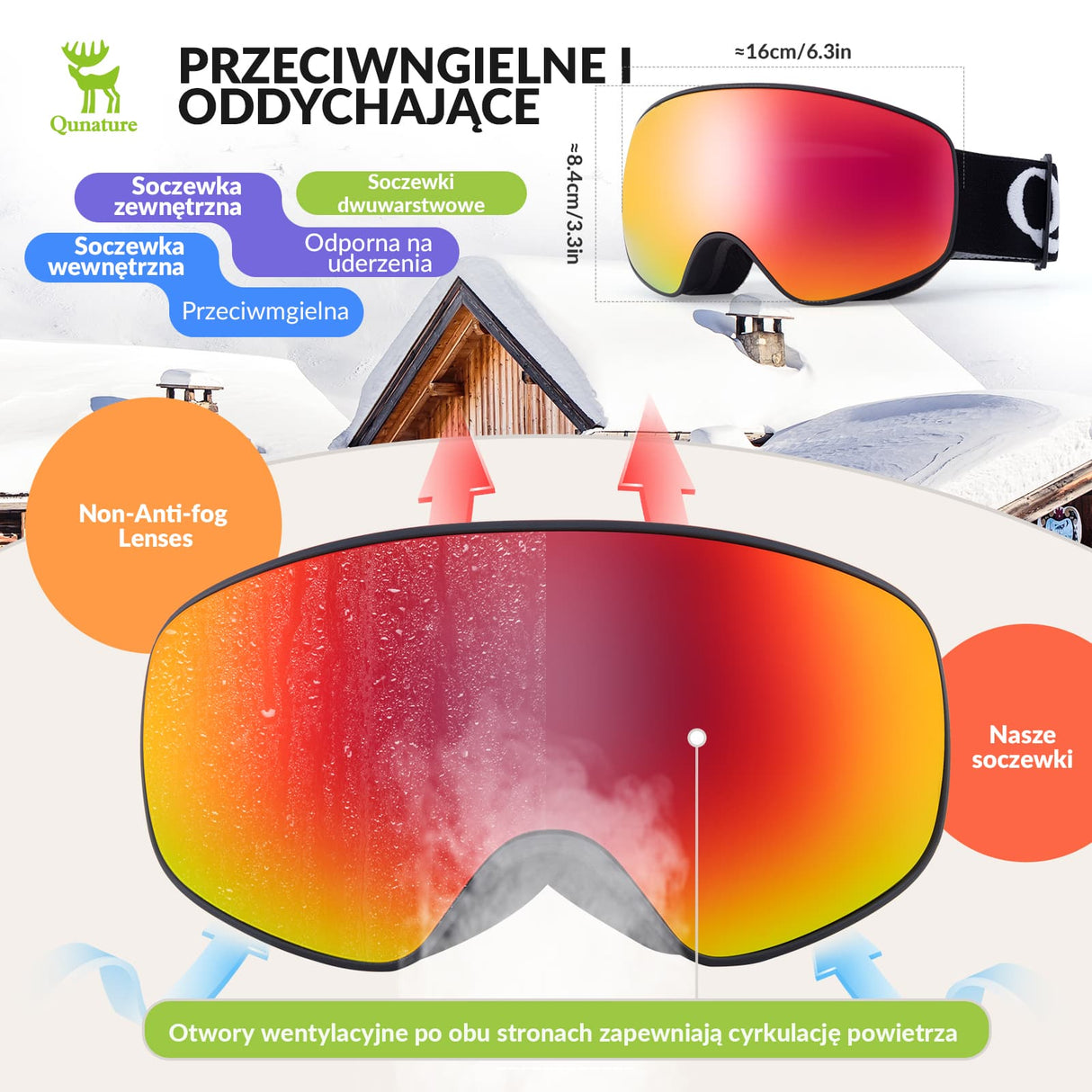 Qunature Qunature Młodzieżowe Gogle Narciarskie Z Filtrem UV Kompatybilne Z Kaskiem-Q23-044 Gogle narciarskie