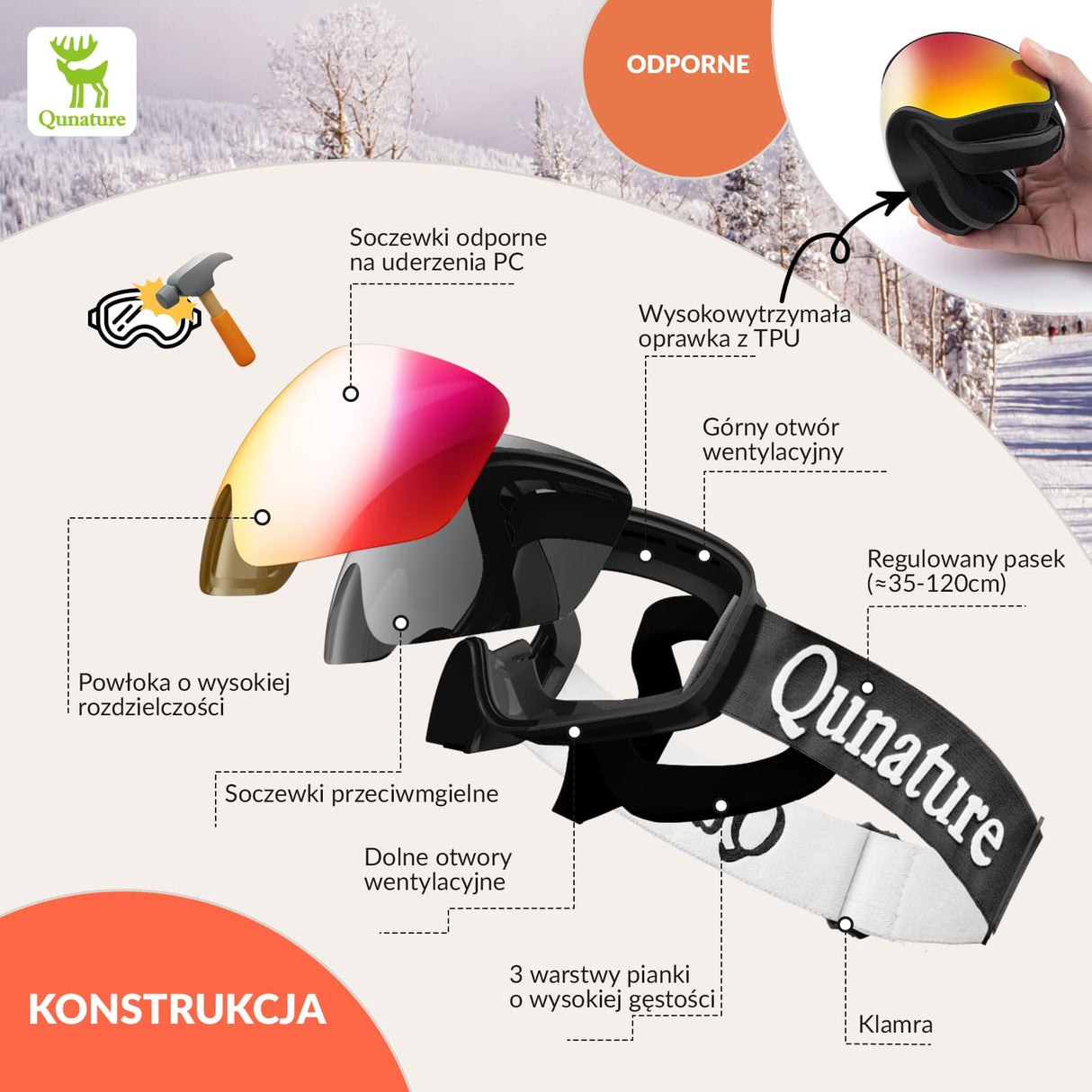 Qunature Qunature Młodzieżowe Gogle Narciarskie Z Filtrem UV Kompatybilne Z Kaskiem-Q23-044 Gogle narciarskie