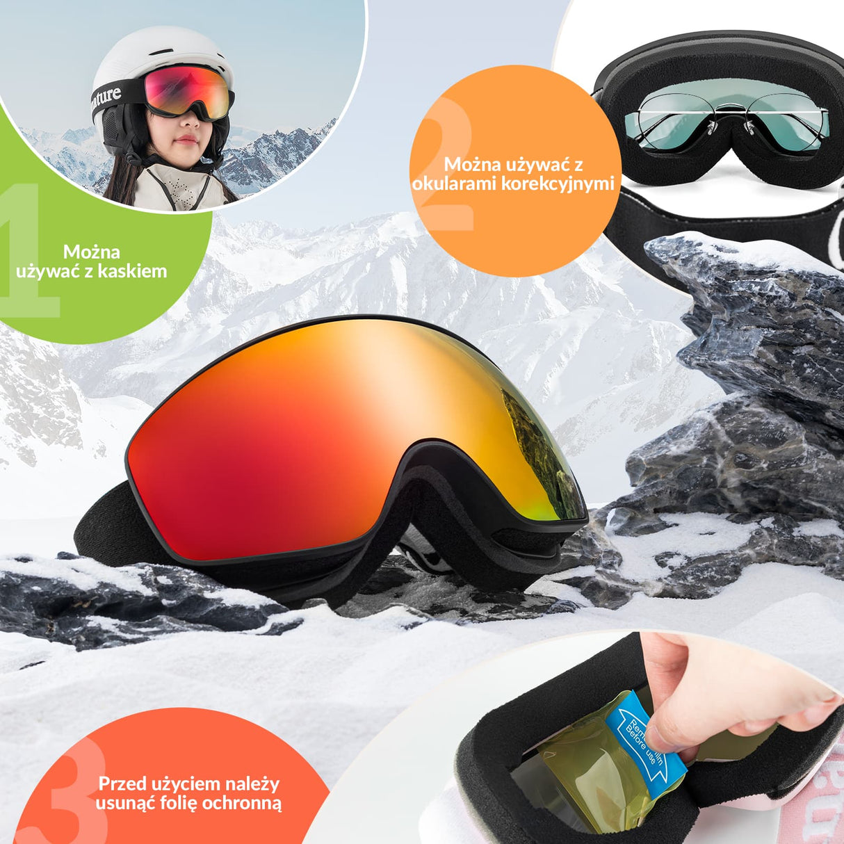 Qunature Qunature Młodzieżowe Gogle Narciarskie Z Filtrem UV Kompatybilne Z Kaskiem-Q23-044 Gogle narciarskie