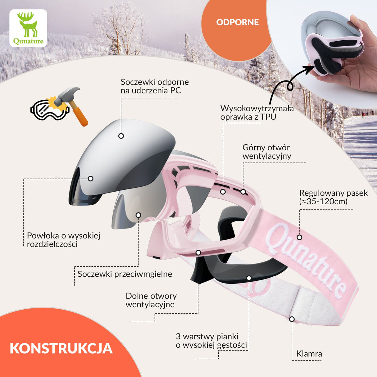 Qunature Qunature Młodzieżowe Gogle Narciarskie Z Filtrem UV Kompatybilne Z Kaskiem-Q23-044 Gogle narciarskie