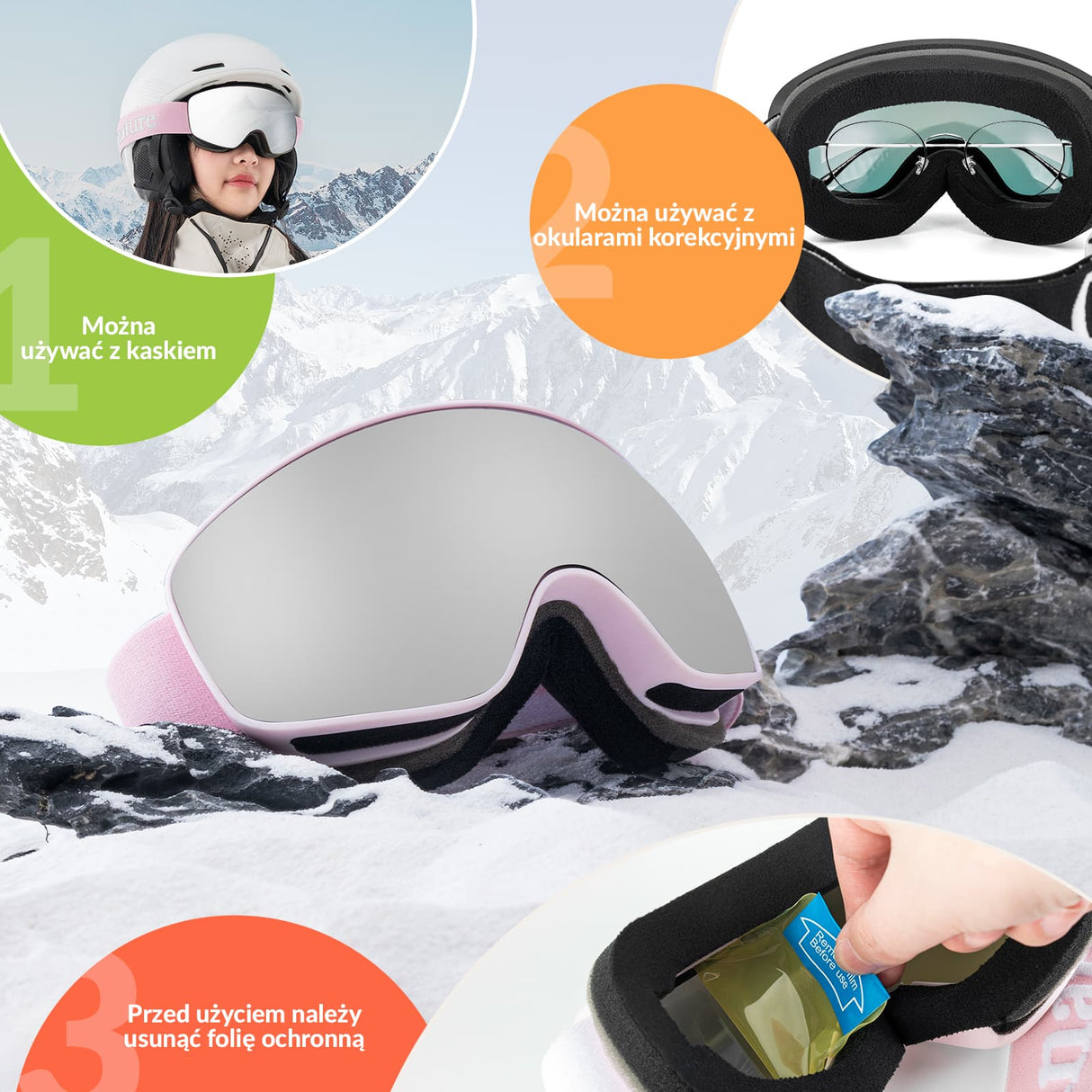 Qunature Qunature Młodzieżowe Gogle Narciarskie Z Filtrem UV Kompatybilne Z Kaskiem-Q23-044 Gogle narciarskie