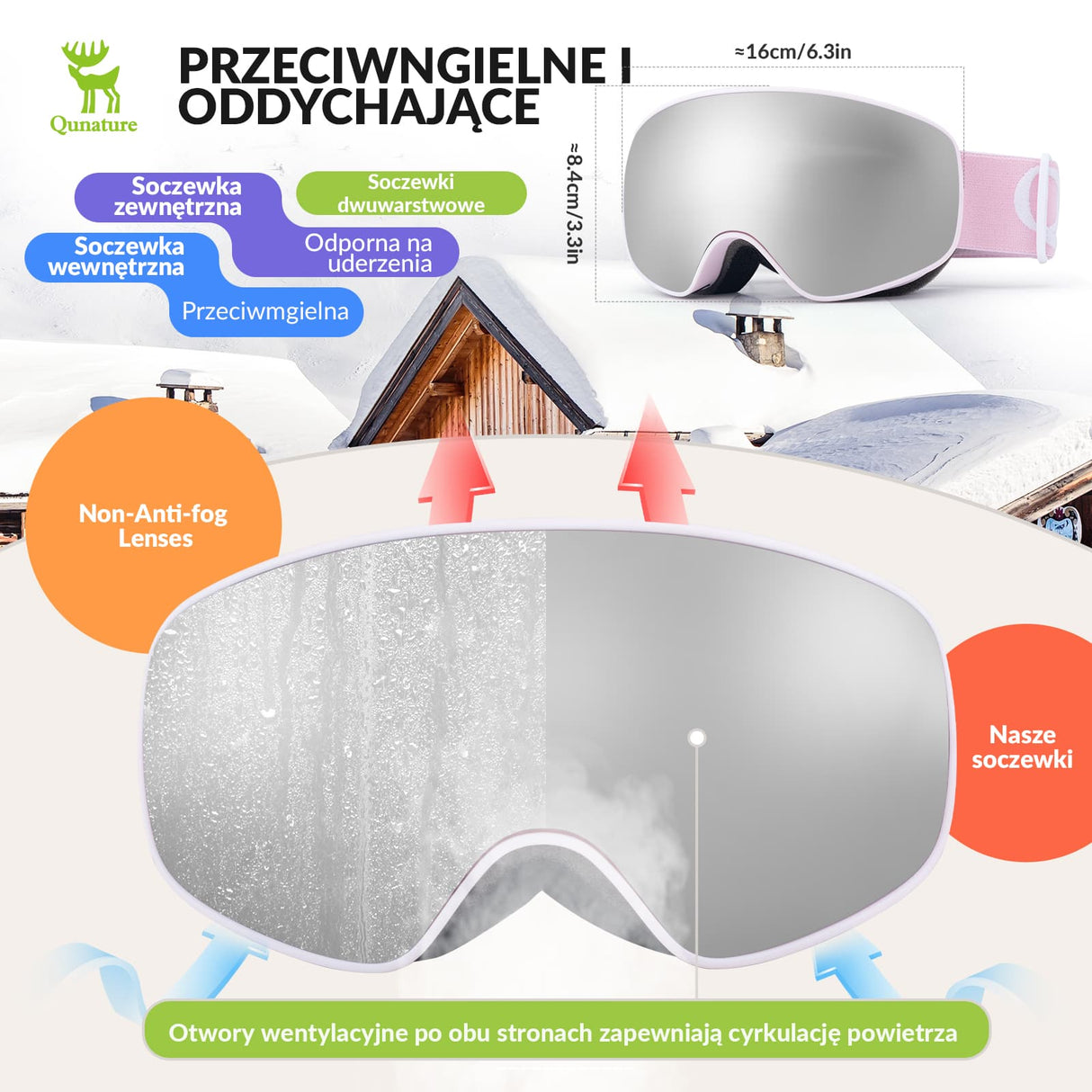 Qunature Qunature Młodzieżowe Gogle Narciarskie Z Filtrem UV Kompatybilne Z Kaskiem-Q23-044 Gogle narciarskie