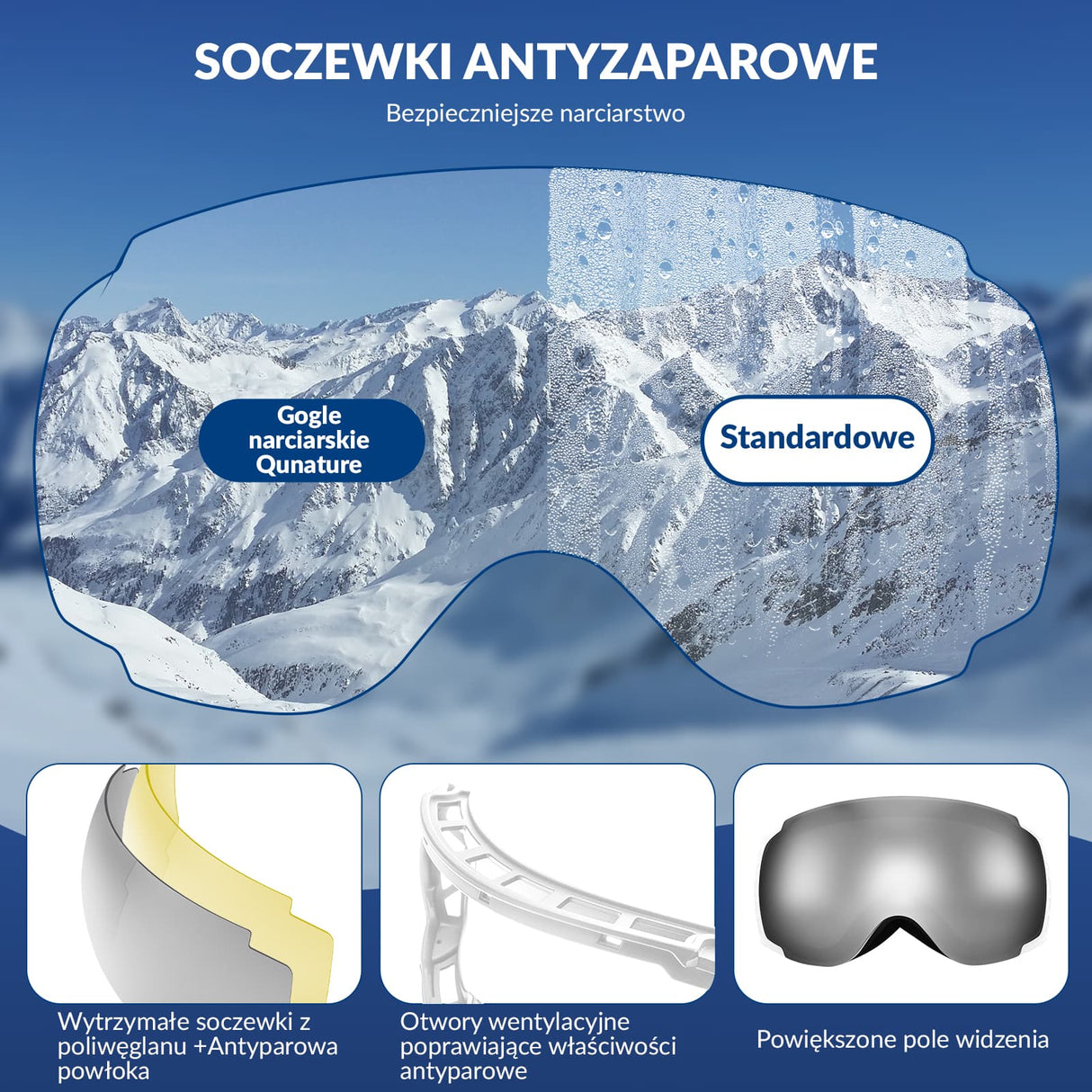 Qunature Qunature Gogle Śnieżne Ochrona UV Podwójne Soczewki Przeciwmgielne-Q23-005 Gogle narciarskie