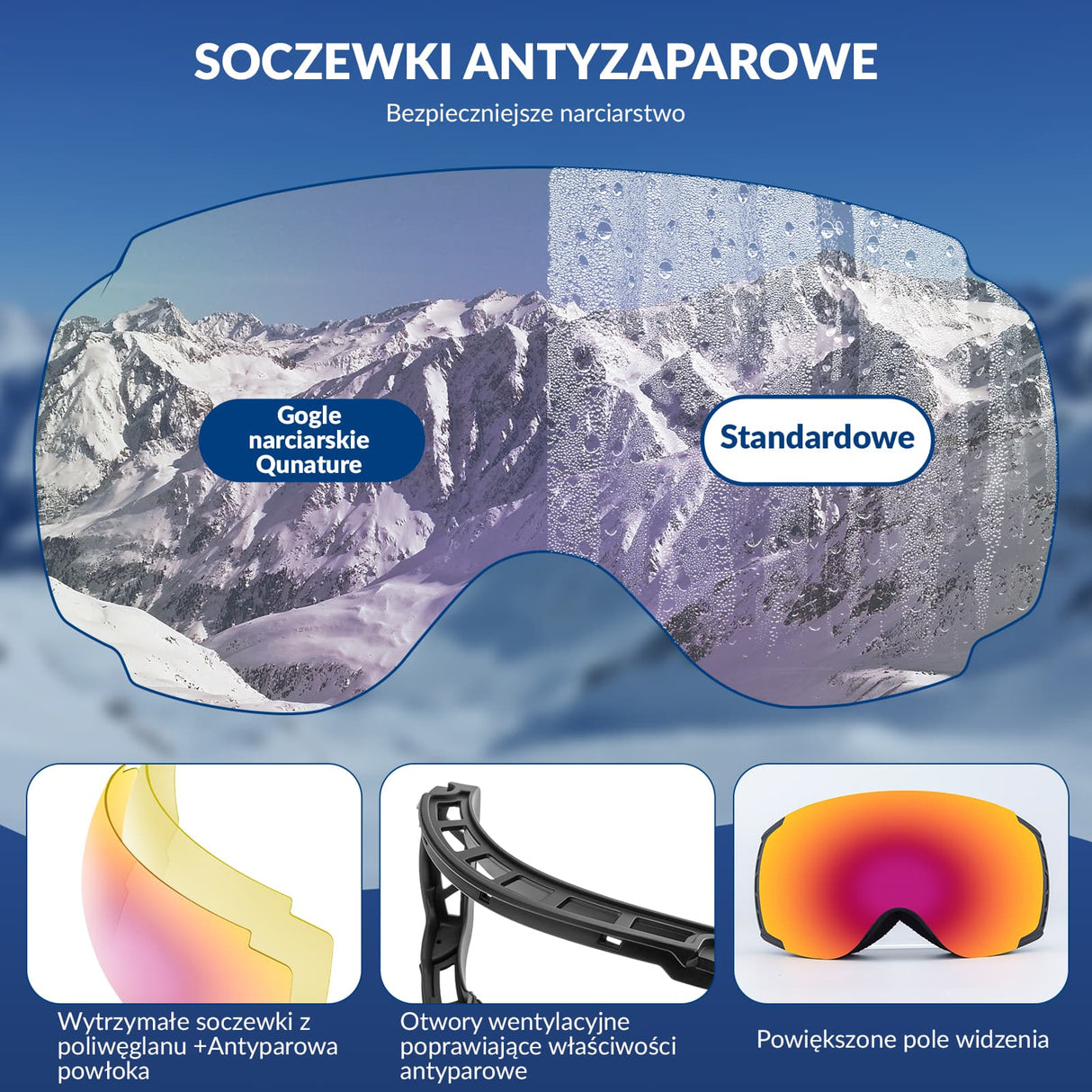 Qunature Qunature Gogle Śnieżne Ochrona UV Podwójne Soczewki Przeciwmgielne-Q23-005 Gogle narciarskie