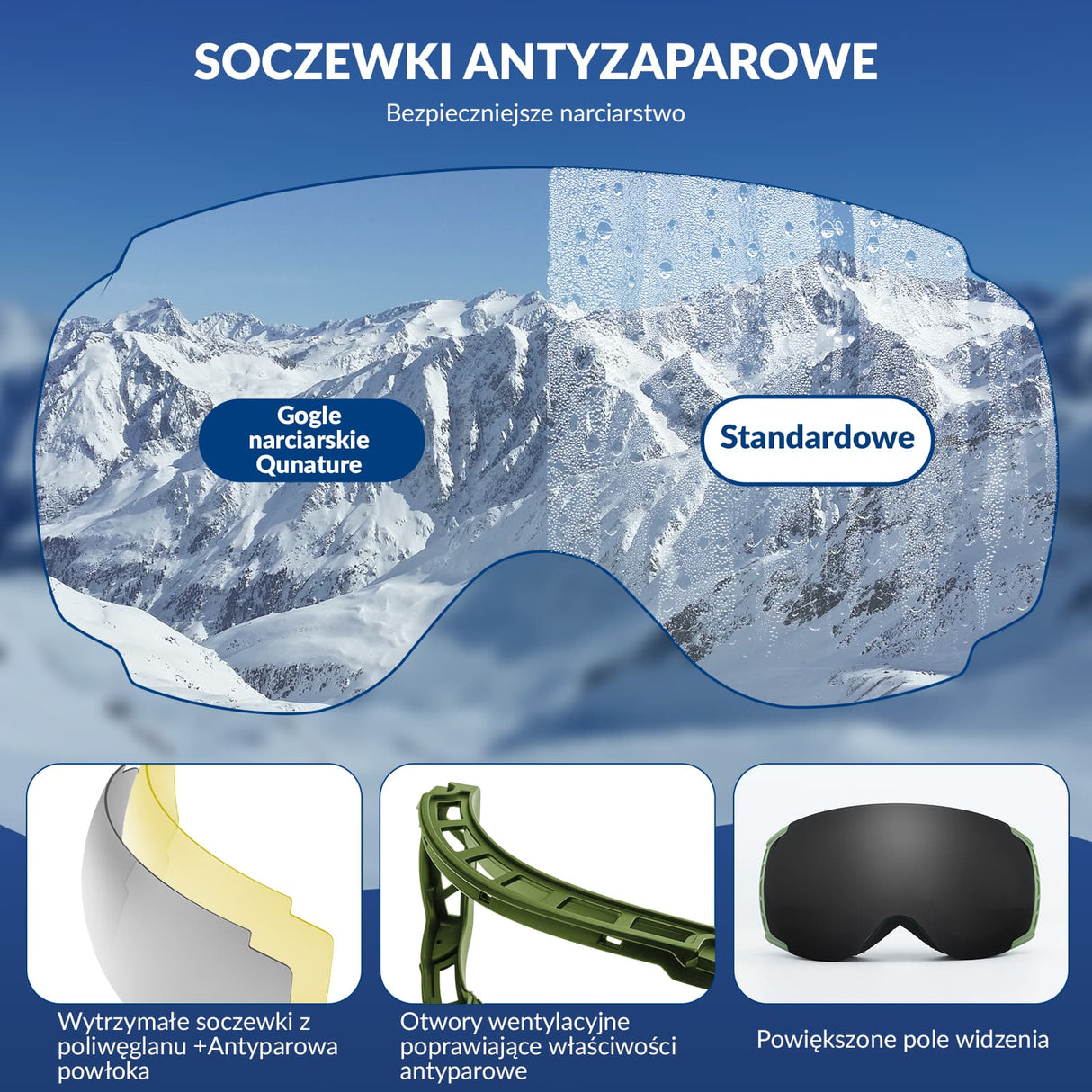 Qunature Qunature Gogle Śnieżne Ochrona UV Podwójne Soczewki Przeciwmgielne-Q23-005 Gogle narciarskie