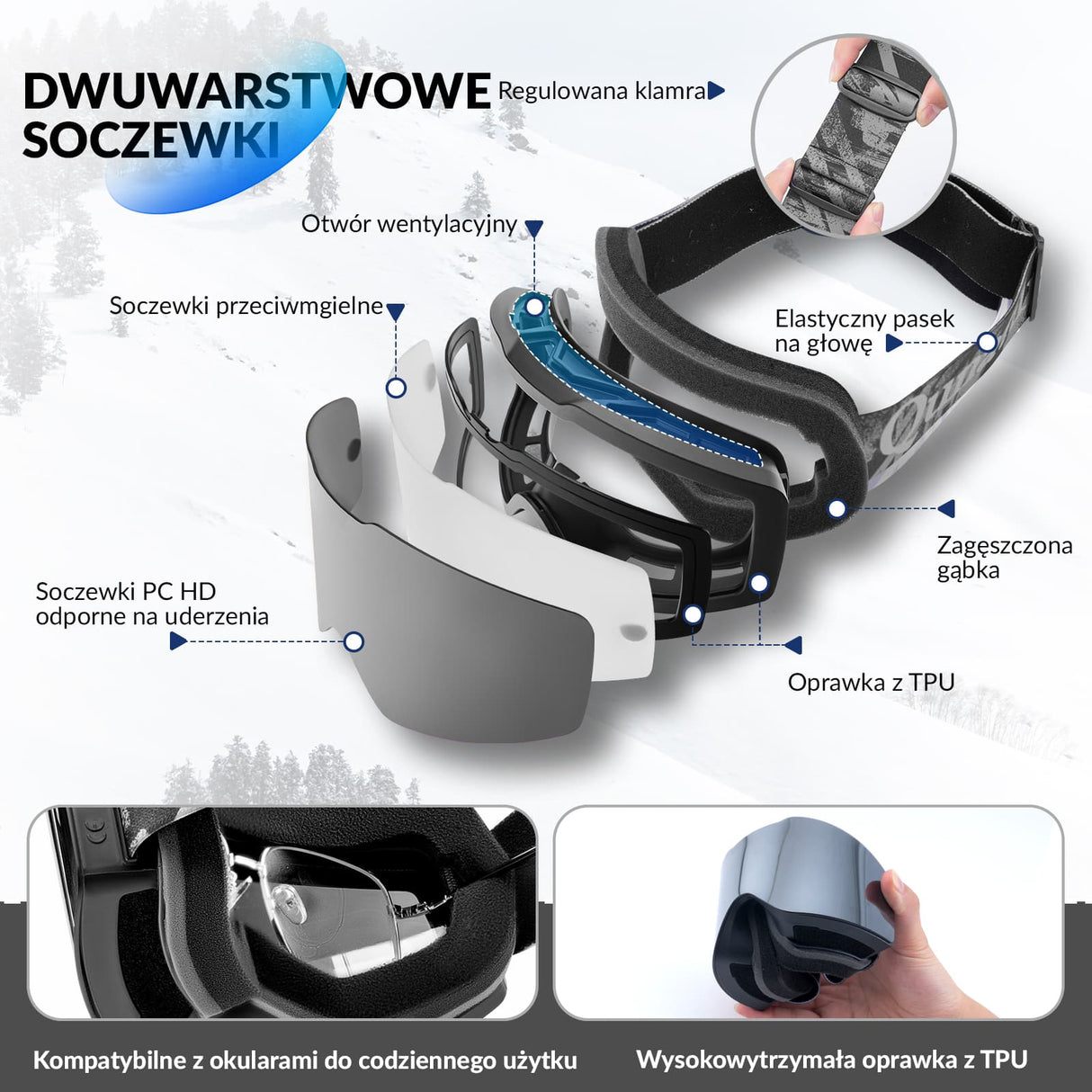 Qunature Qunature Gogle Narciarskie I Snowboardowe UV, Przeciwmgielne, OTG-Q23-008 Gogle narciarskie