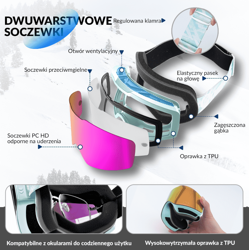Qunature Qunature Gogle Narciarskie I Snowboardowe UV, Przeciwmgielne, OTG-Q23-008 Gogle narciarskie