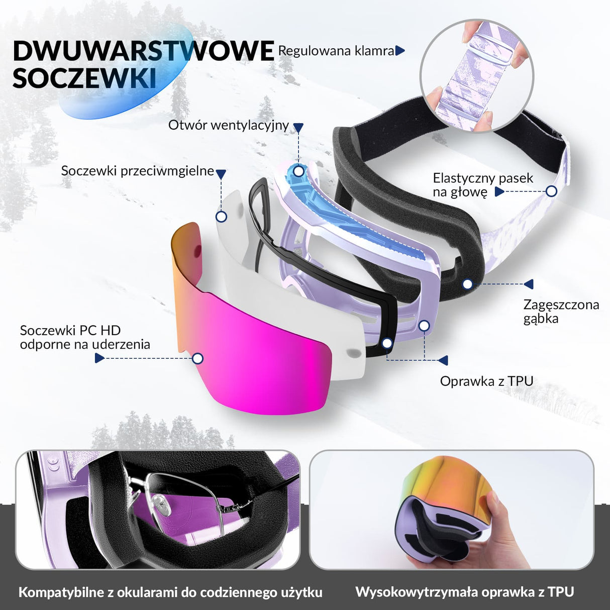 Qunature Qunature Gogle Narciarskie I Snowboardowe UV, Przeciwmgielne, OTG-Q23-008 Gogle narciarskie