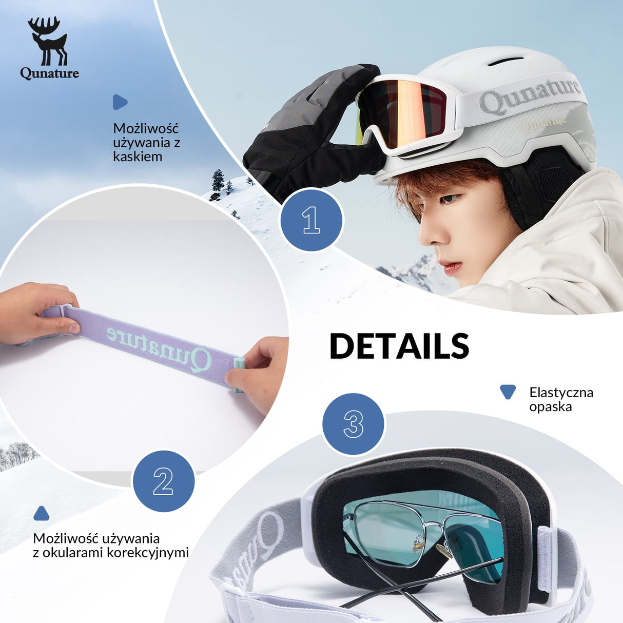 Qunature Qunature Gogle Narciarskie Śniegowe Ochrona UV Damskie/Męskie Przeciwmgielne -Q23-003 Gogle narciarskie