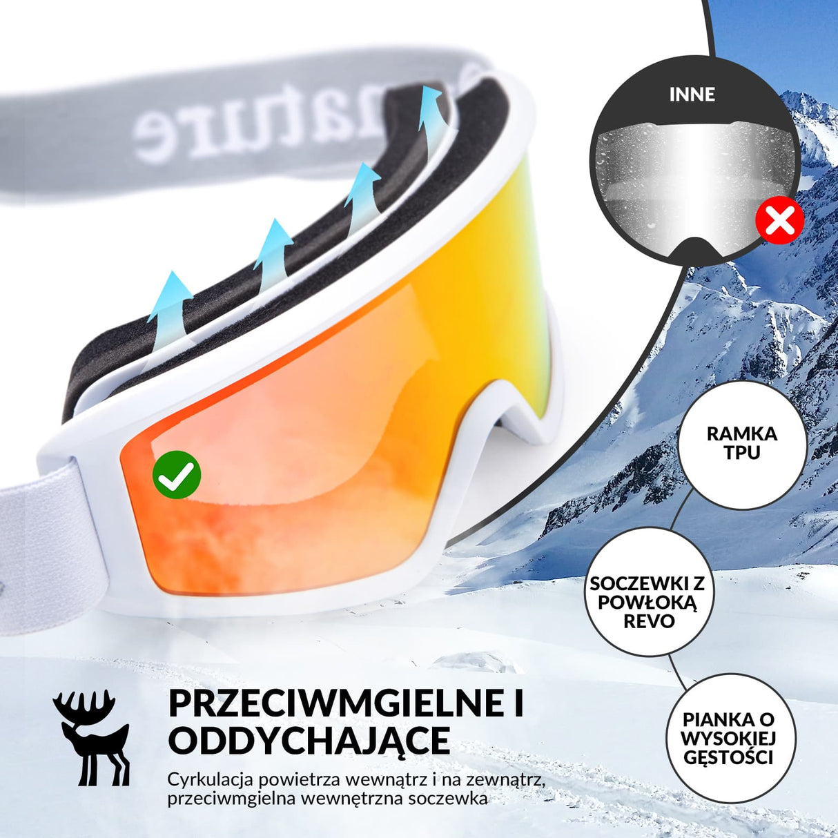 Qunature Qunature Gogle Narciarskie Śniegowe Ochrona UV Damskie/Męskie Przeciwmgielne -Q23-003 Gogle narciarskie