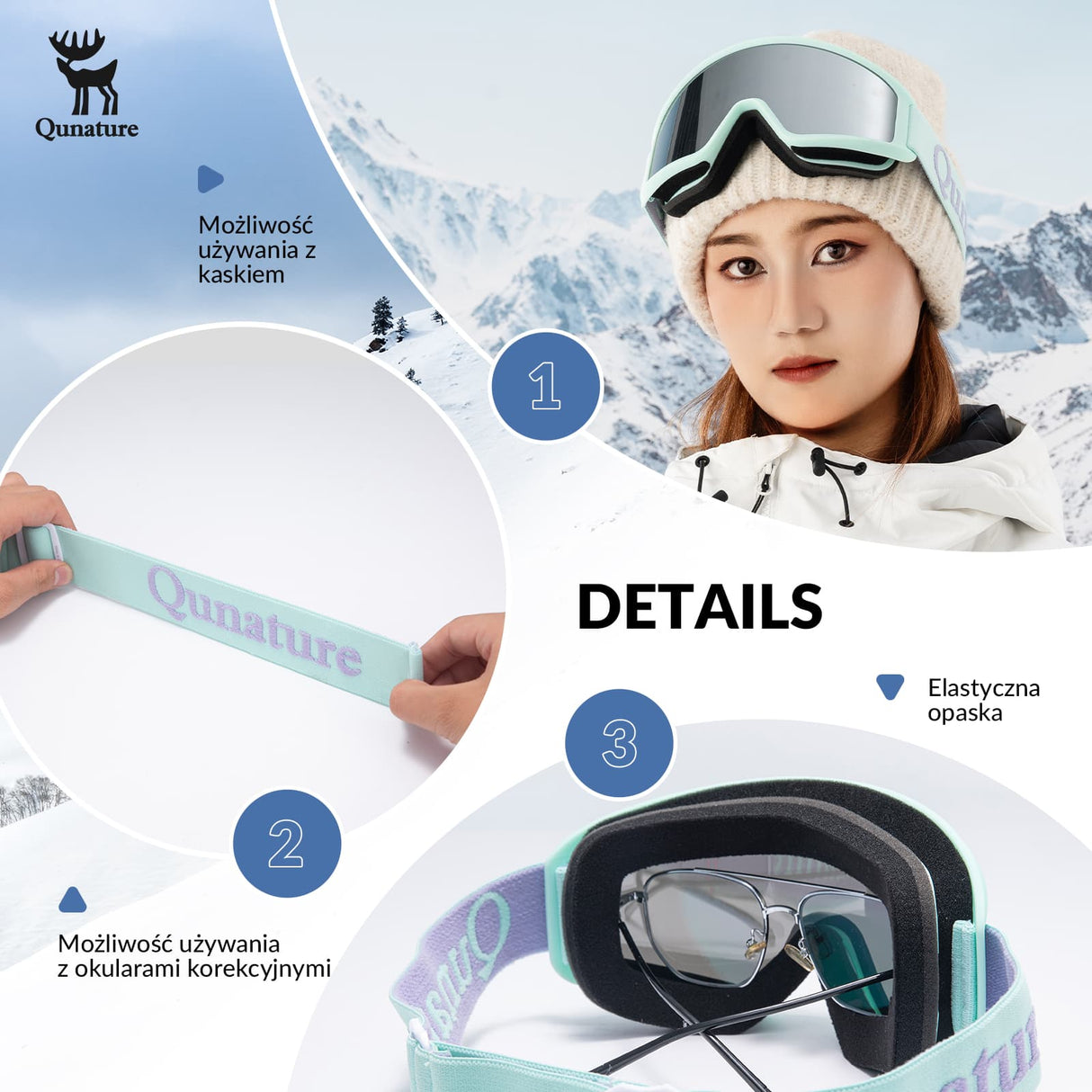 Qunature Qunature Gogle Narciarskie Śniegowe Ochrona UV Damskie/Męskie Przeciwmgielne -Q23-003 Gogle narciarskie