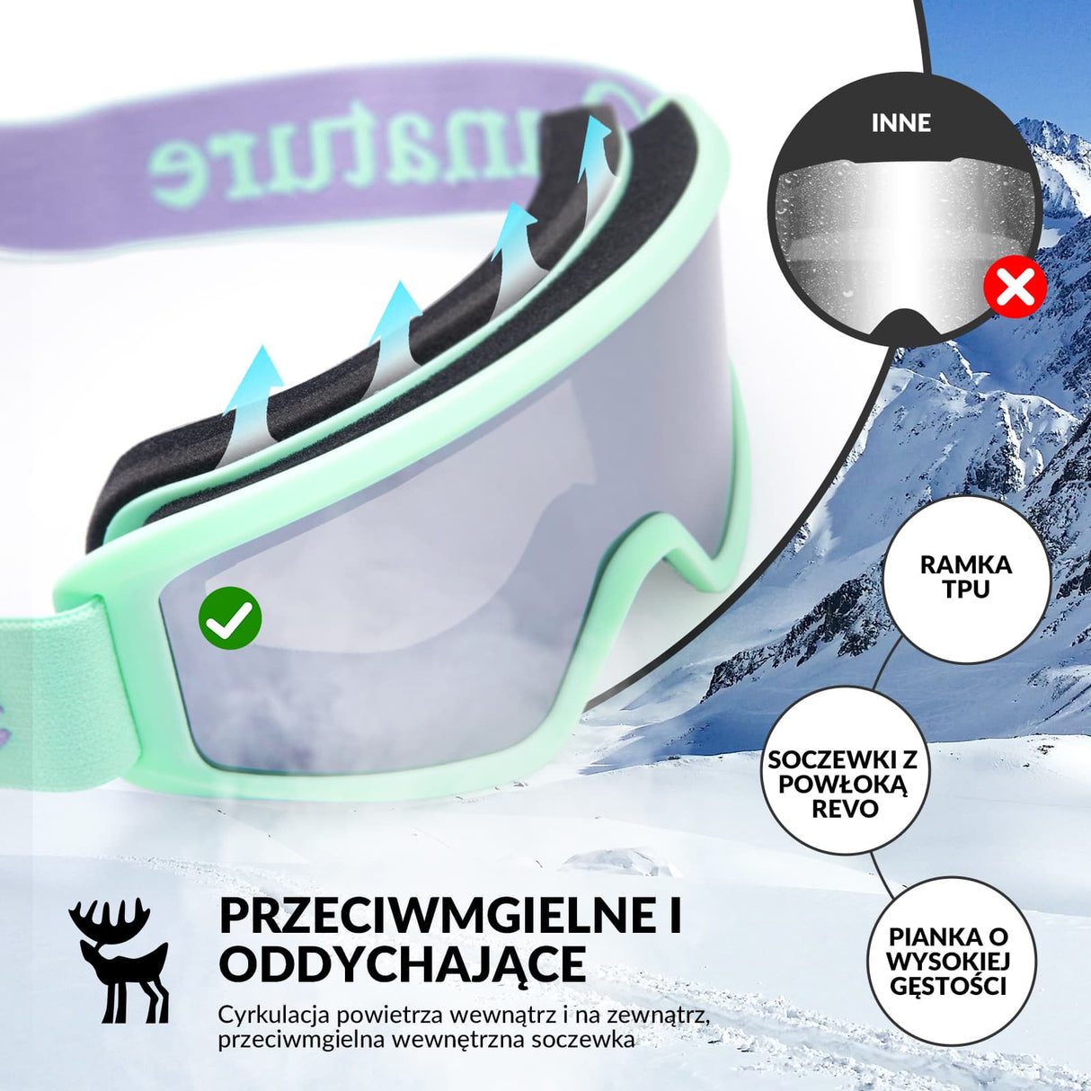 Qunature Qunature Gogle Narciarskie Śniegowe Ochrona UV Damskie/Męskie Przeciwmgielne -Q23-003 Gogle narciarskie