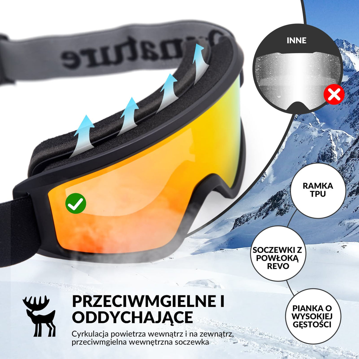 Qunature Qunature Gogle Narciarskie Śniegowe Ochrona UV Damskie/Męskie Przeciwmgielne -Q23-003 Gogle narciarskie