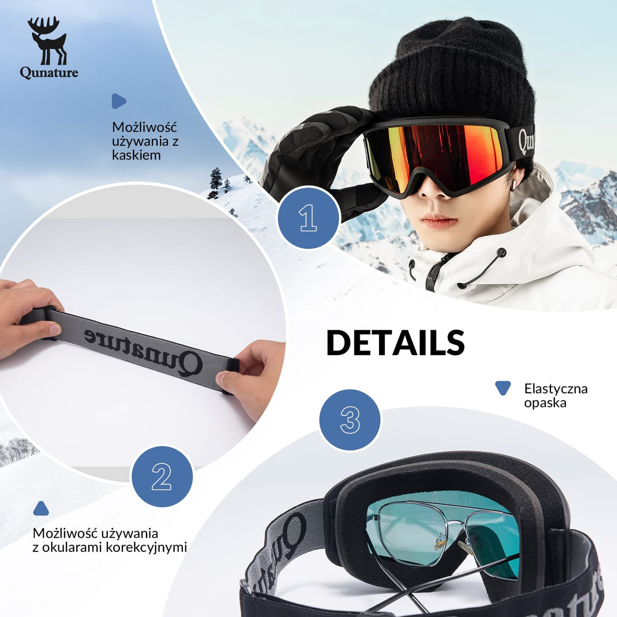 Qunature Qunature Gogle Narciarskie Śniegowe Ochrona UV Damskie/Męskie Przeciwmgielne -Q23-003 Gogle narciarskie