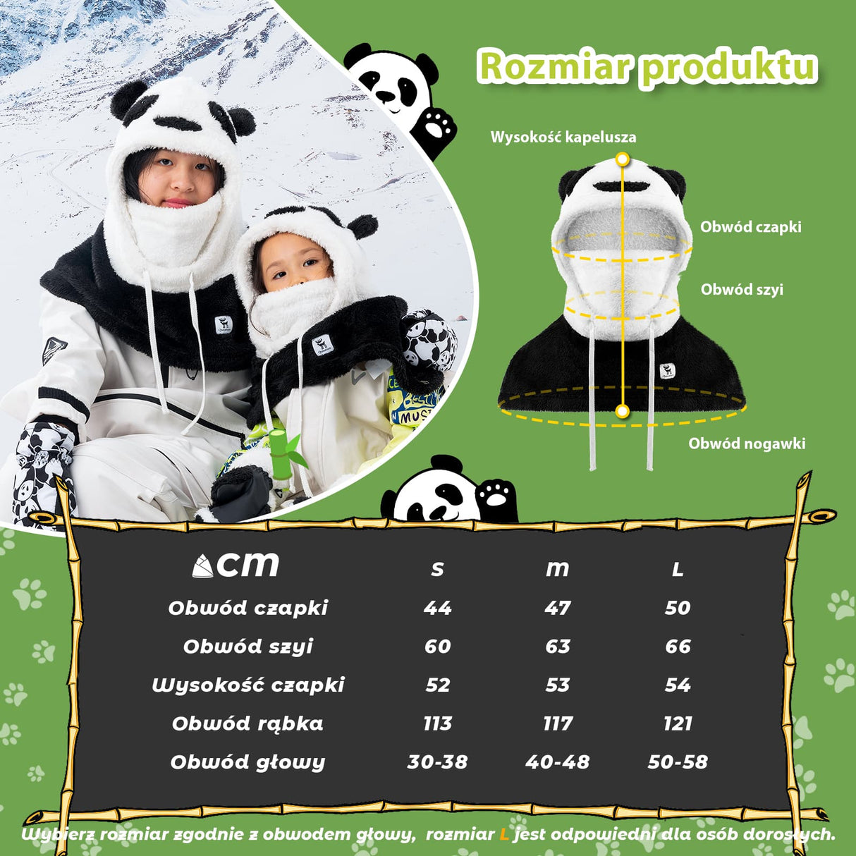 Qunature Qunature Kominiarka Zimowa z Wzorem Pandy Całą Twarz Narciarska dla Dzieci i Rodziców-014-YPP103 Kominiarki