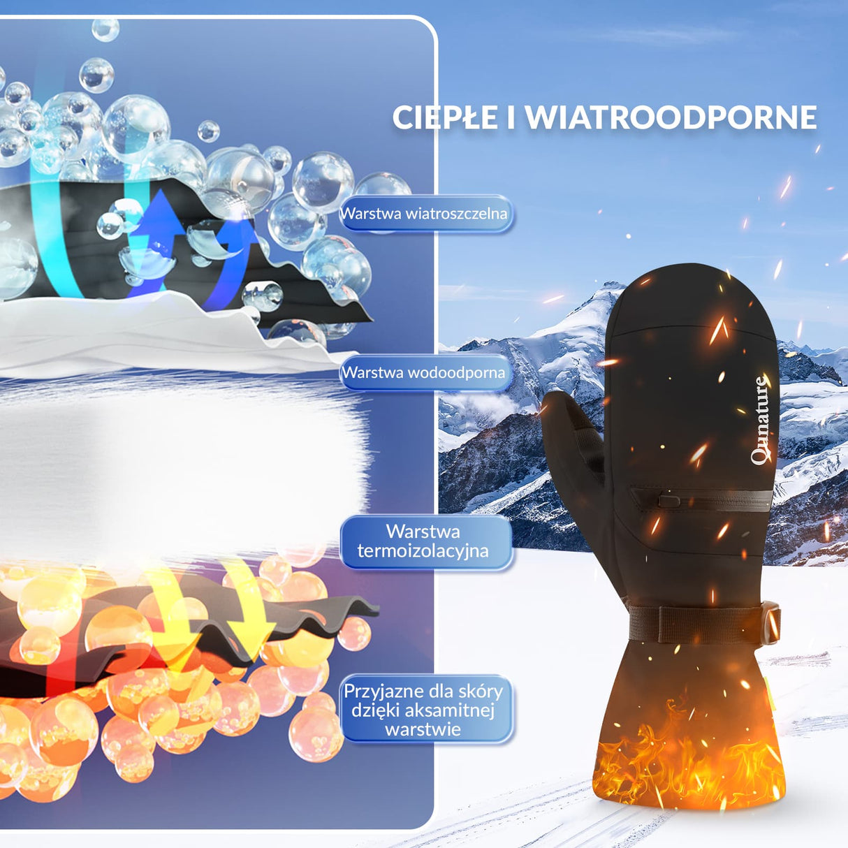 Qunature Qunature Rękawiczki Narciarskie z Pełnymi Palcami Wodoodporne Termiczne z Funkcją Ekranu Dotykowego -014-S345 Rękawiczki