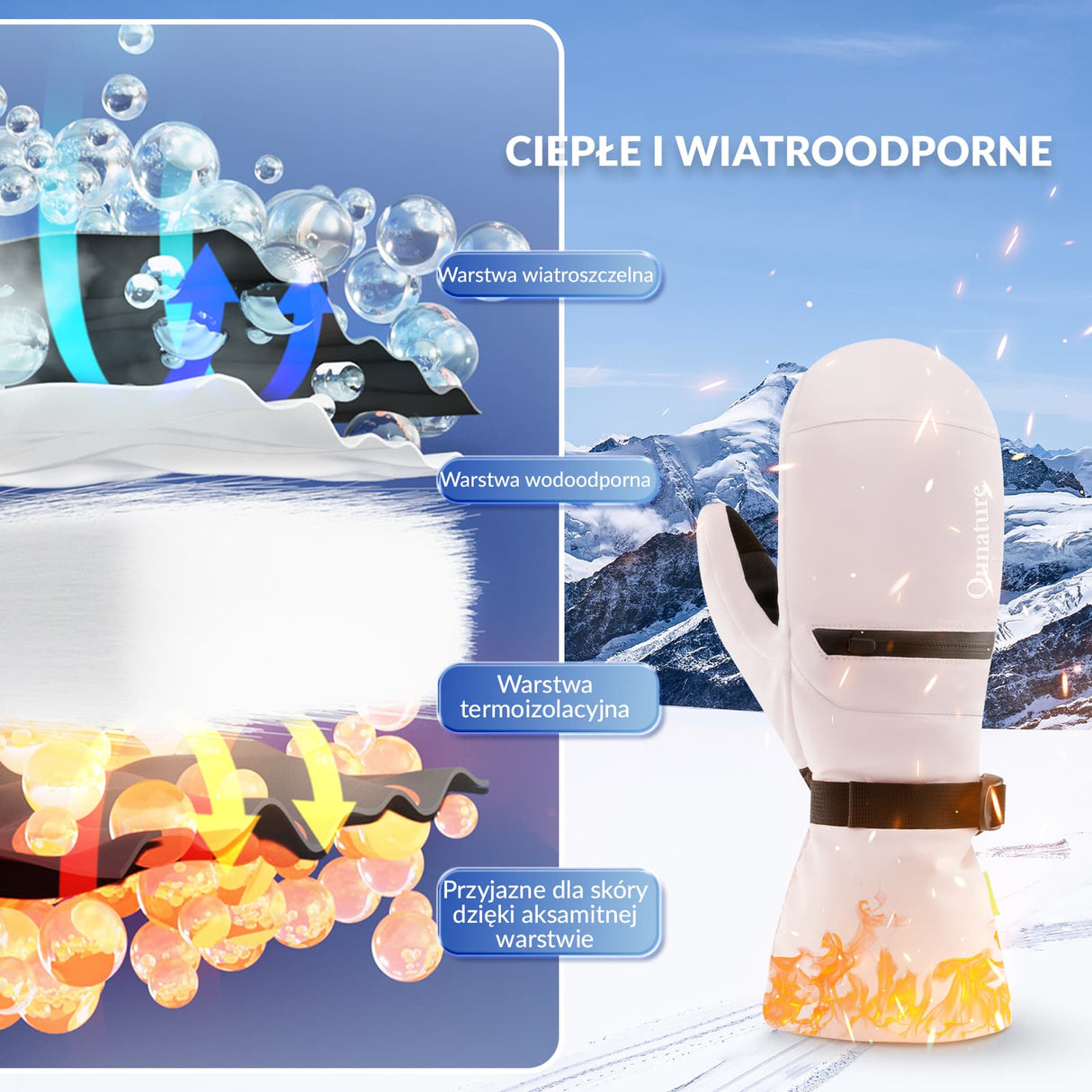 Qunature Qunature Rękawiczki Narciarskie z Pełnymi Palcami Wodoodporne Termiczne z Funkcją Ekranu Dotykowego -014-S345 Rękawiczki