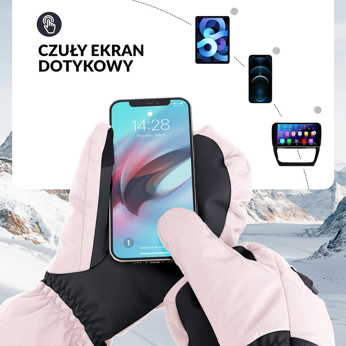 Qunature Qunature Rękawiczki Narciarskie z Pełnymi Palcami Wodoodporne Termiczne z Funkcją Ekranu Dotykowego -014-S345 Rękawiczki