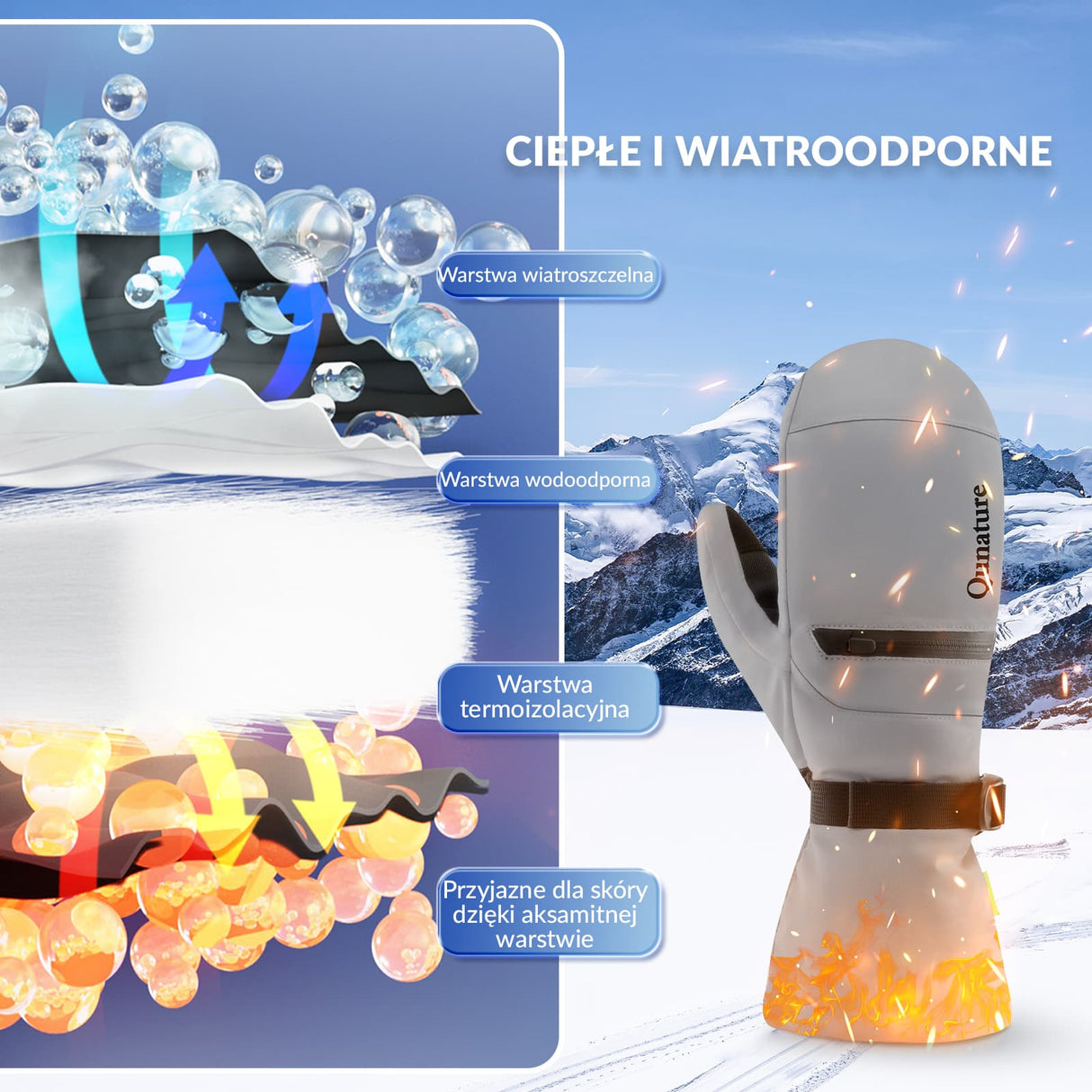 Qunature Qunature Rękawiczki Narciarskie z Pełnymi Palcami Wodoodporne Termiczne z Funkcją Ekranu Dotykowego -014-S345 Rękawiczki